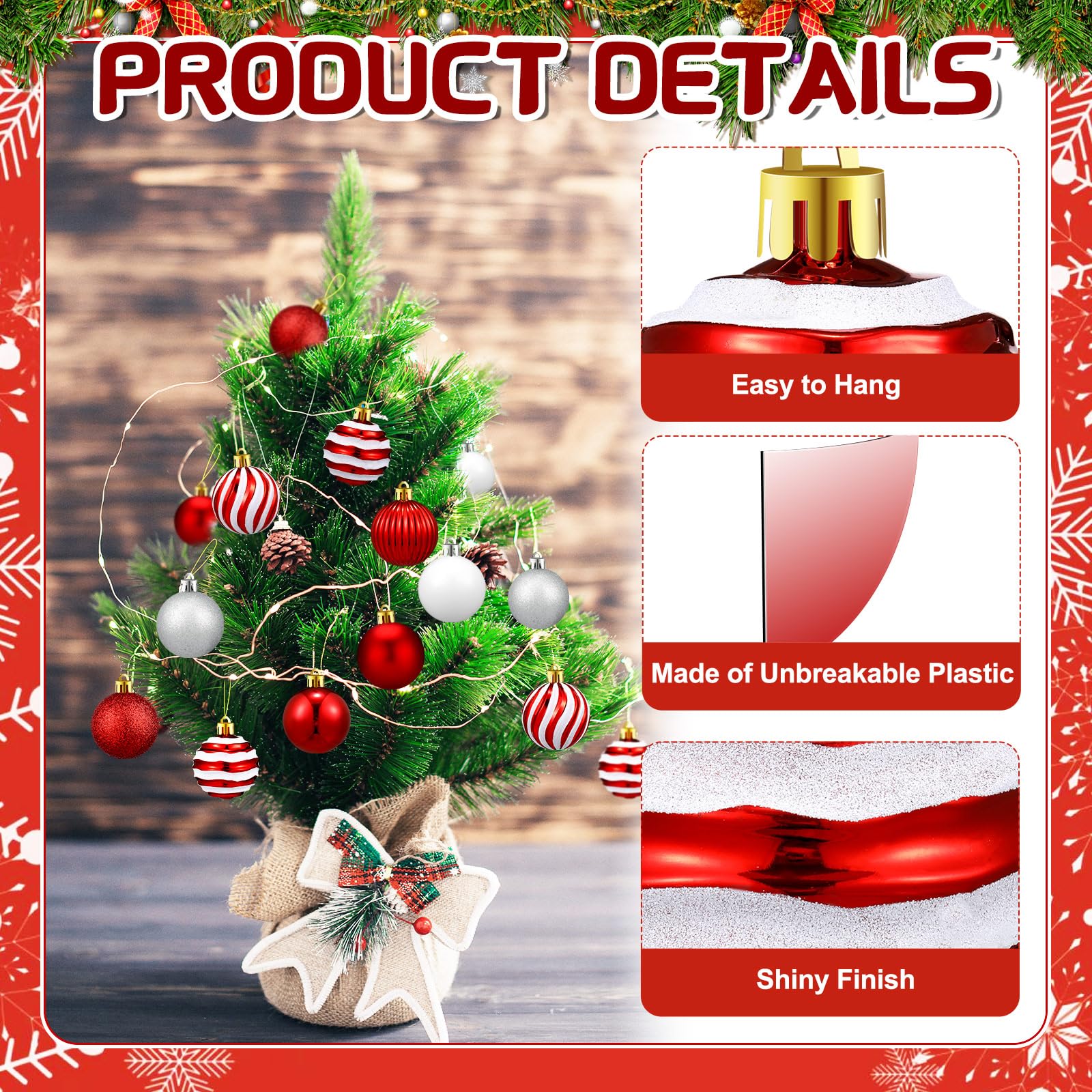 Motionchic 24 Pcs Christmas Ball Ornaments Hanging Glitter Shatterproof Mini Candy Balls Red White Plastic Christmas Tree Decora