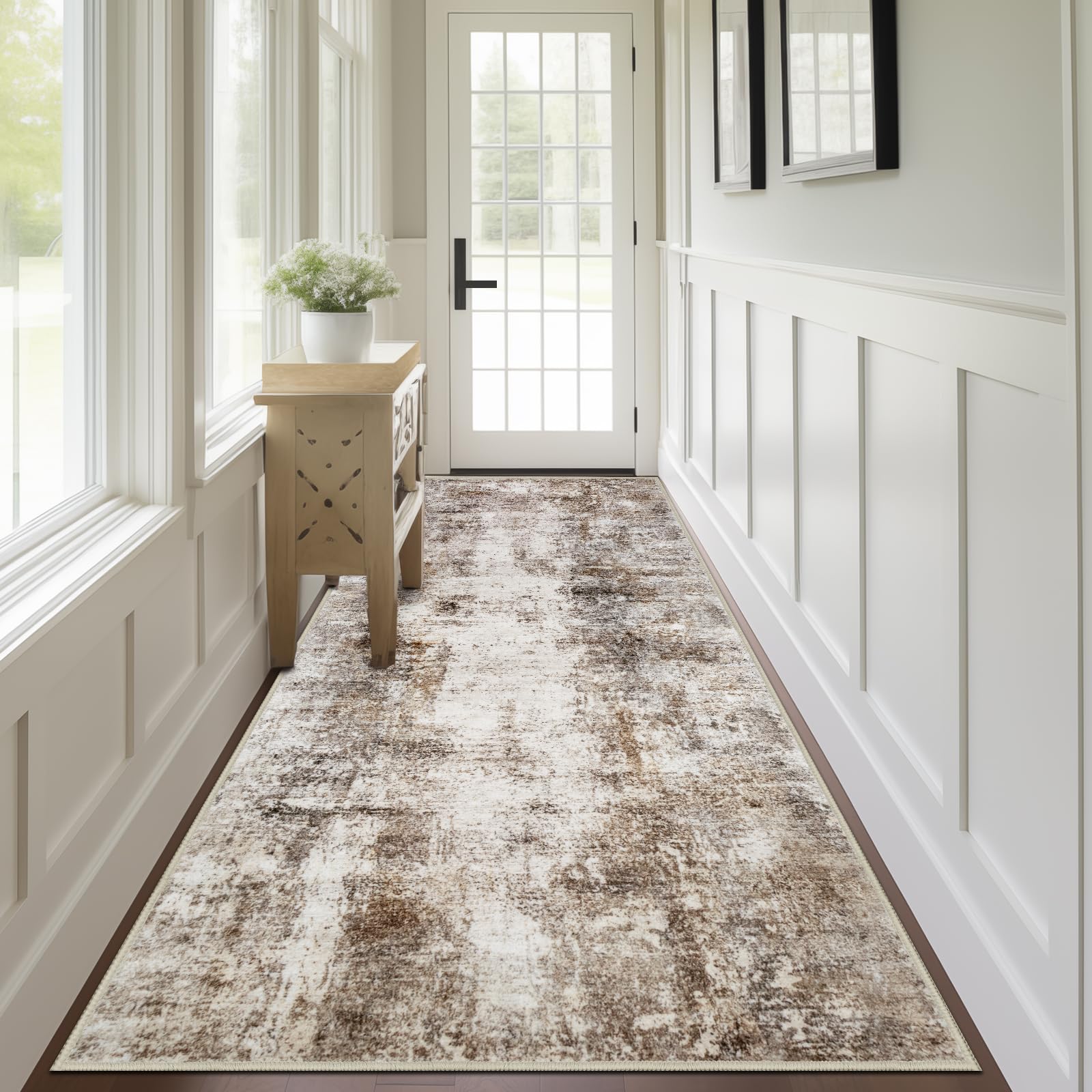 Capslpad Abstract Washable Runner Rug, 2.6x8 Brown Non-Slip Hallway Runner Rug, Modern Low Pile Kitchen Runner Rug, Ultra Soft P
