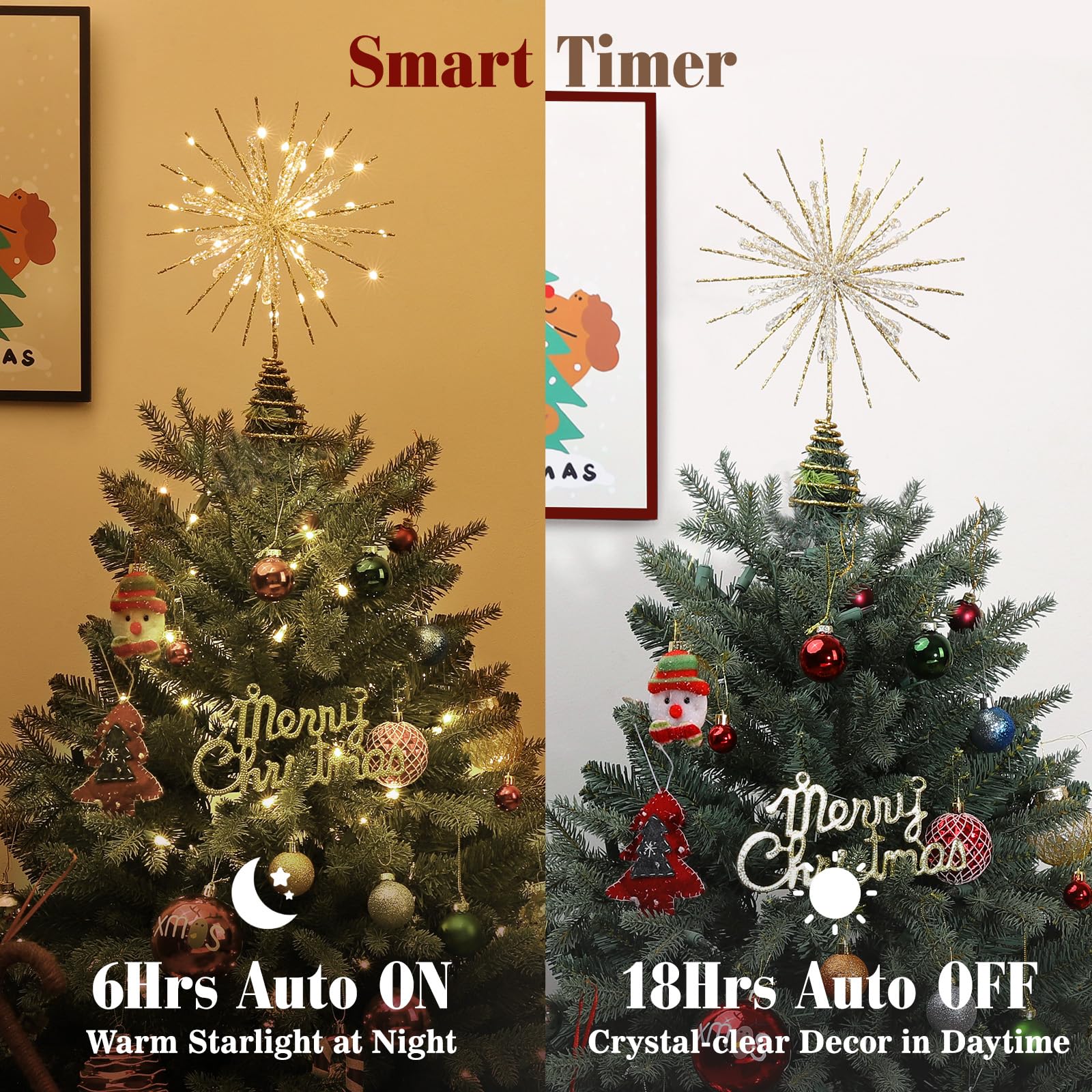 Lewondr Christmas Snowflake Tree Topper, 12.2 in 30 LED Xmas Tree Topper with Glittered Epoxy, Remote & USB Powered Snowflake Tr