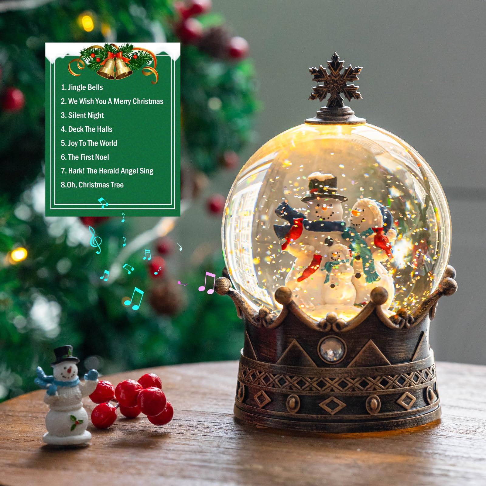Christmas Snow Globe Lantern Water Glittering Snowman Family Crown with Music, USB Lined/Battery Operated Lighted Lantern for Ch