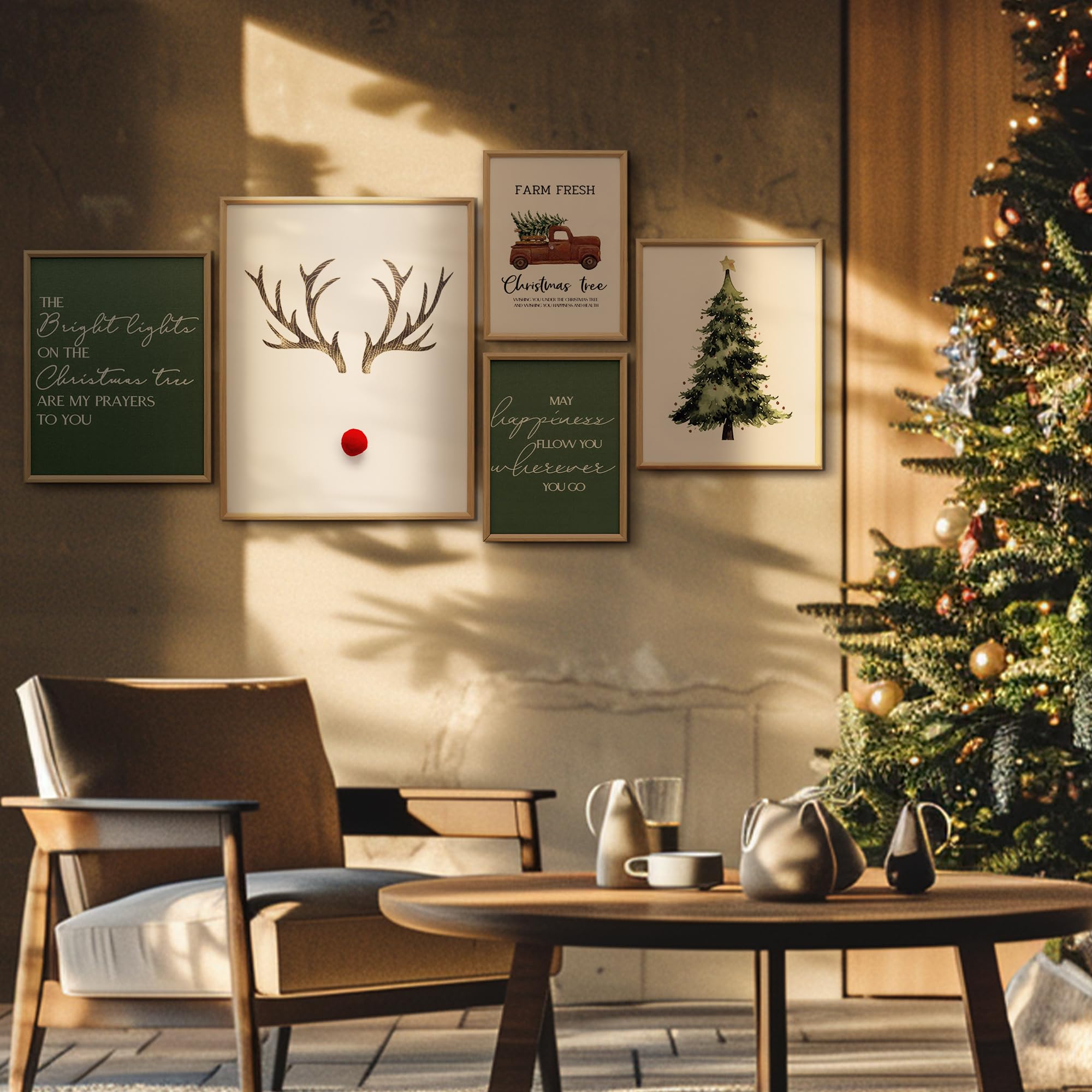 Artbyhannah Christmas Canvas Wall Art, Framed Christmas Wall Decor With 3D Reindeer Nose, 5 Pack Indoor Christmas Decorations Wi