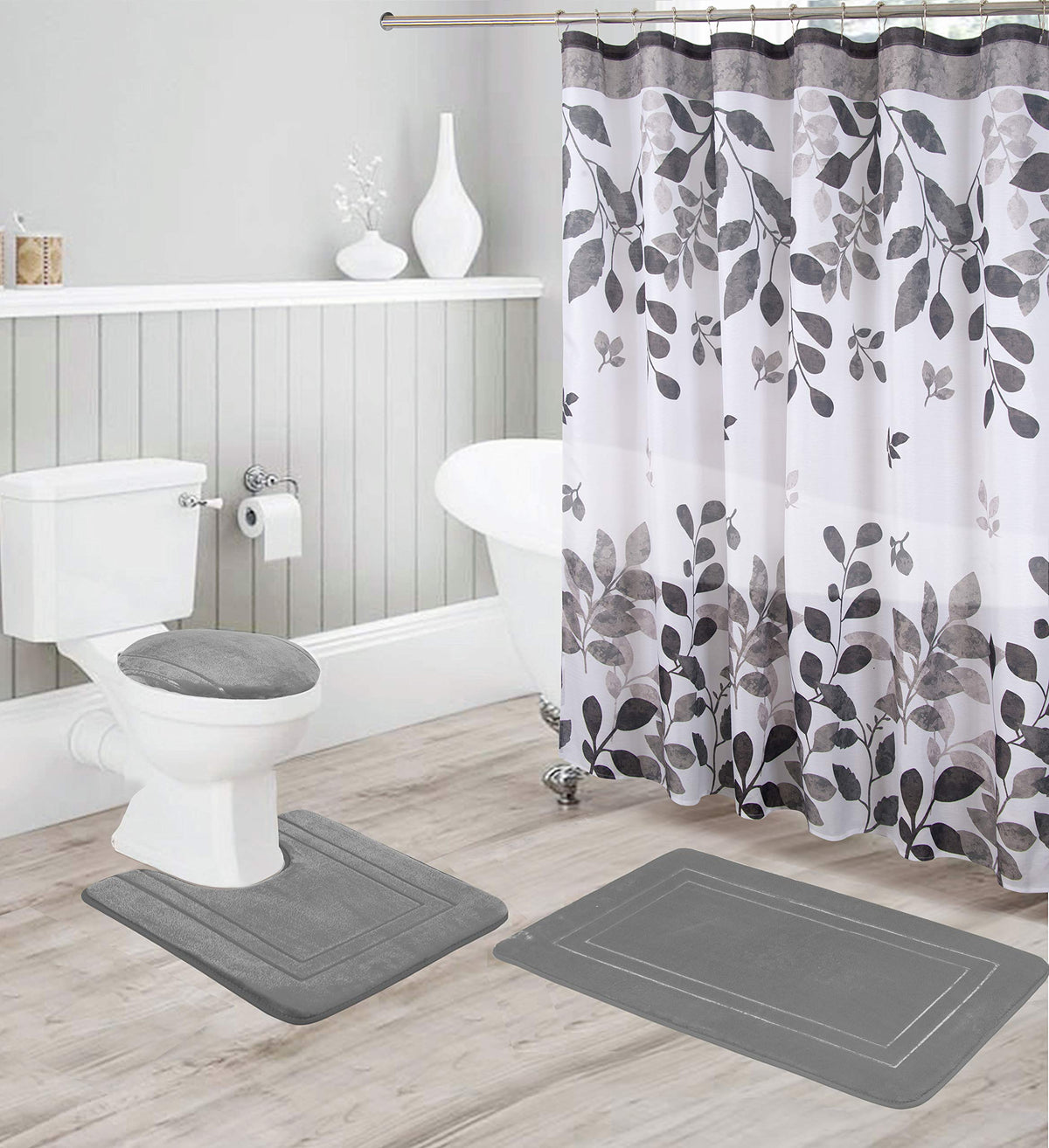 Kids Zone Home Linen Bathroom Collection Grey 16Pc Bathroom Accessory Set - Non-Slip Bath Mat, Non-Slip Contour Mat, Toilet Lid