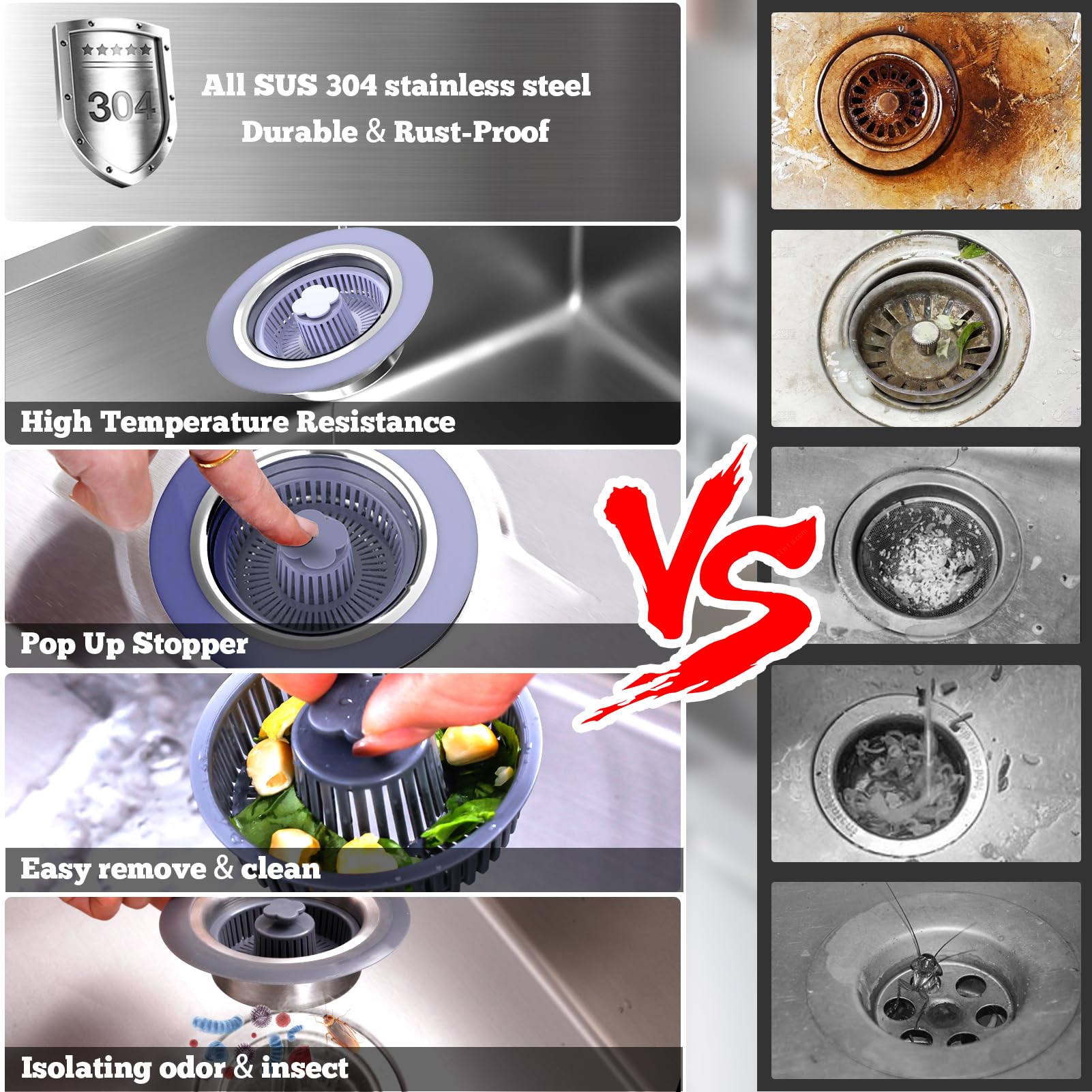 Enjoycrafts 3 In 1 Kitchen Sink Drain Strainer Stopper, Brushed Stainless Steel Sus 304 Pop Up Sink Drain Stopper For Standard 3