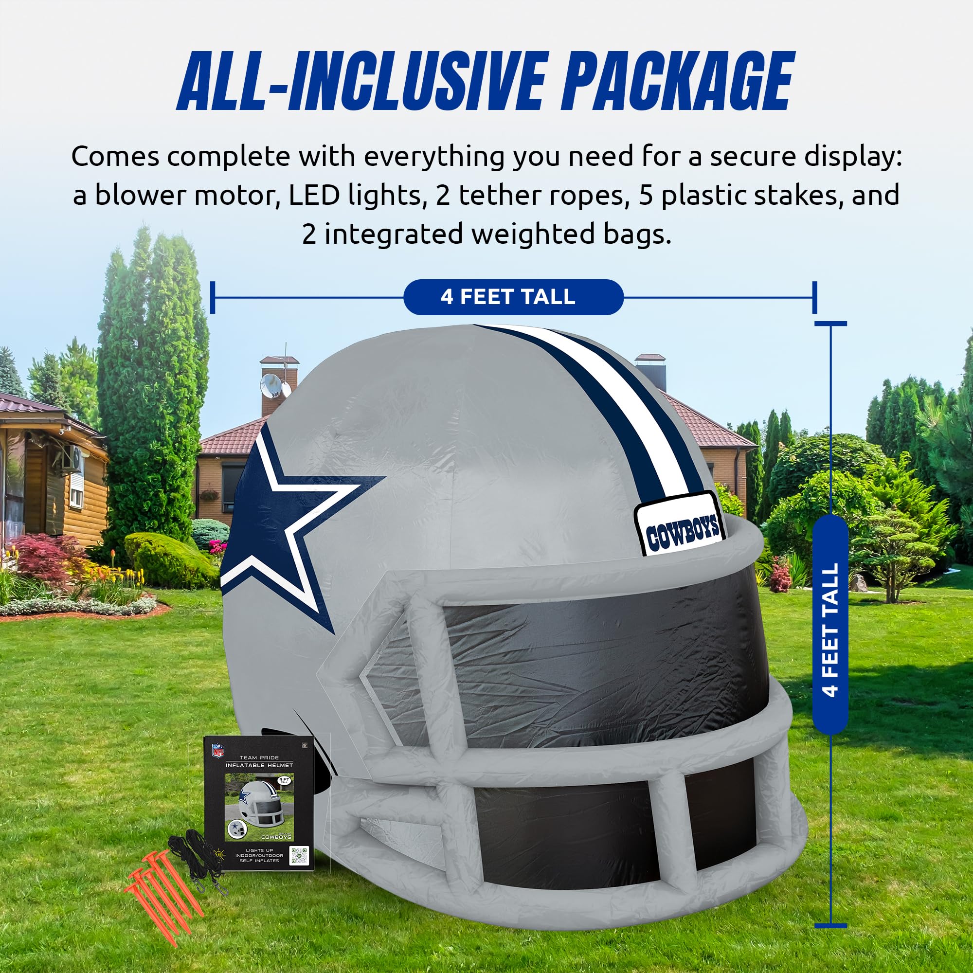 Sporticulture NFL Dallas Cowboys 4ft Inflatable Helmet with LED Lights & Built-in Blower - Merchandise Decor Ideal for Lawn, Fro