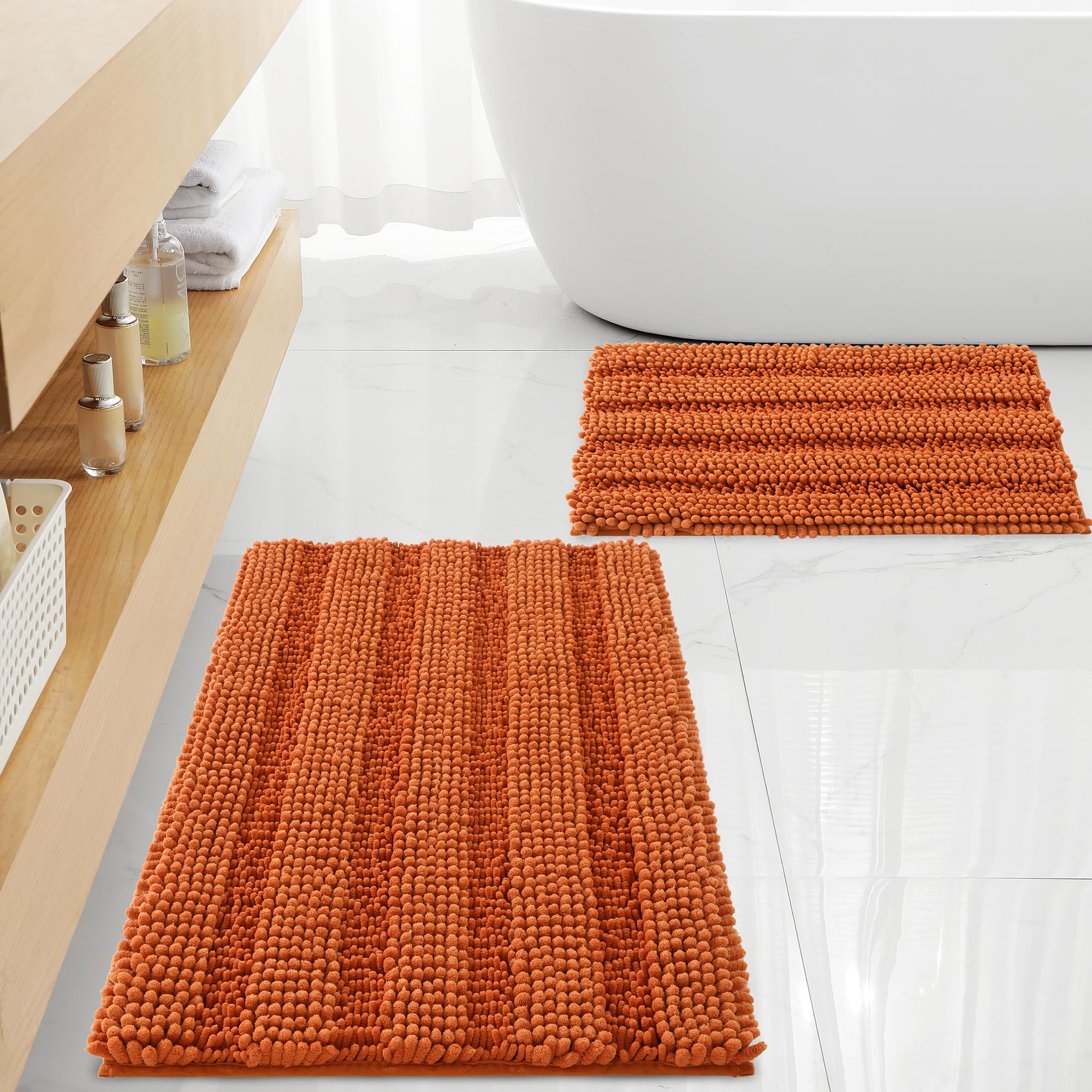 Non Slip Thick Shaggy Chenille Burnt Orange Bathroom Rug Sets 2 Piece, Thickened Hot Melt Rubber Bottom Bath Mats For Bathroom,