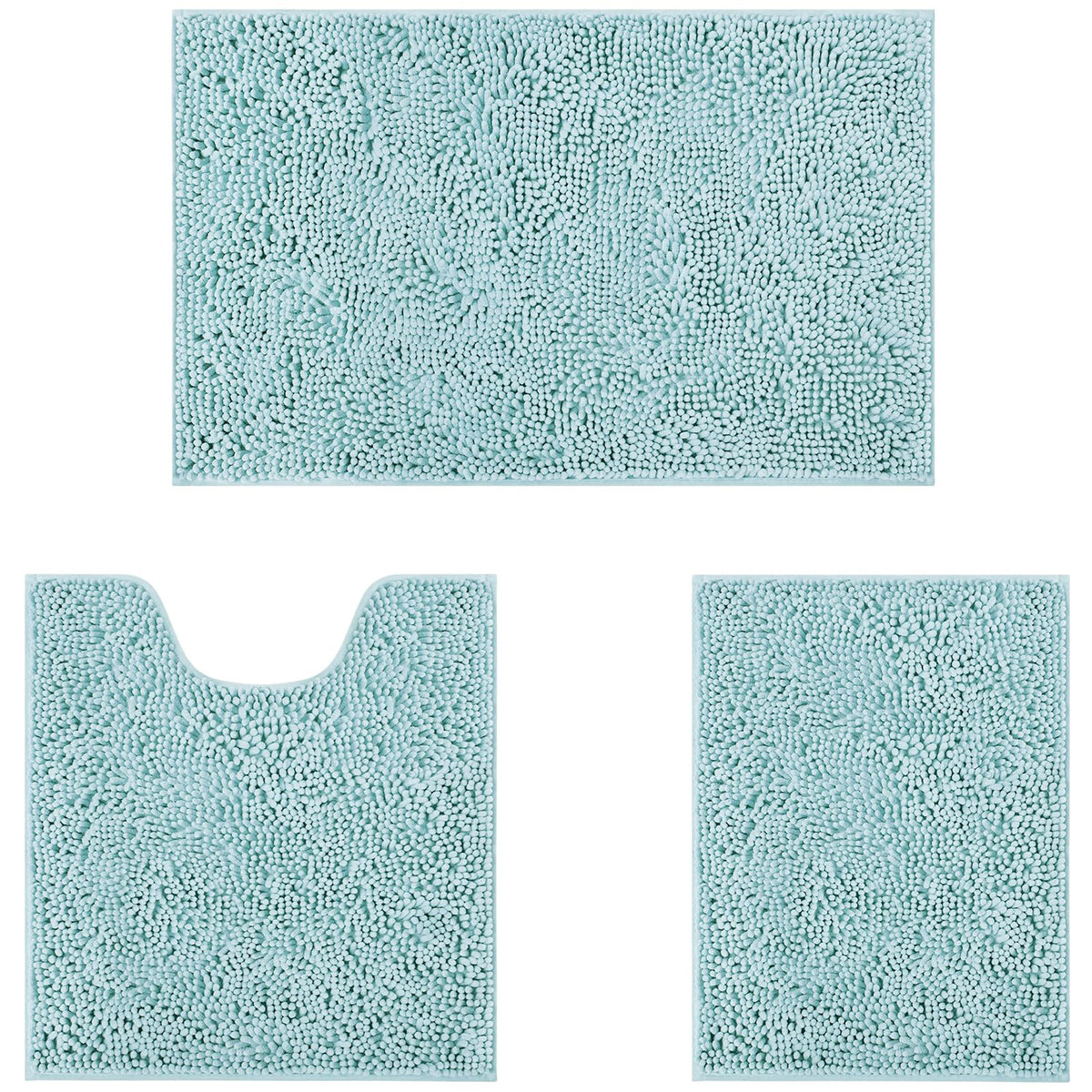 Homeideas 3 Pieces Bathroom Rugs, Ultra Soft Non Slip Absorbent Chenille Toilet Bath Mat Set (Light Blue)