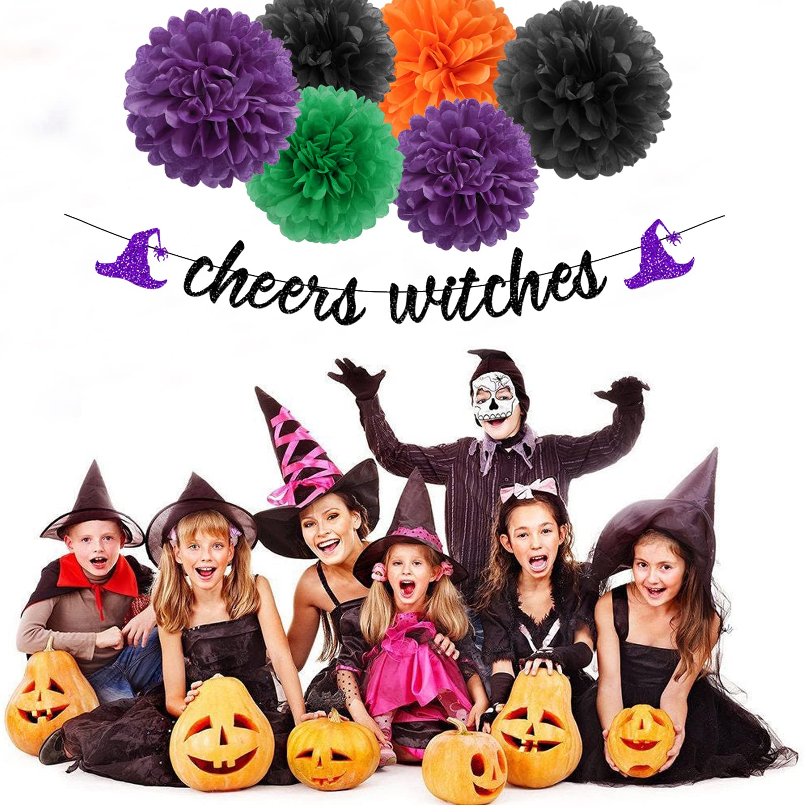 Black-Orange Green-Purple Halloween Party-Decorations - 8Pc Kit Happy Halloween Banner, Tissue Flower Paper Pom Poms Streamers,C