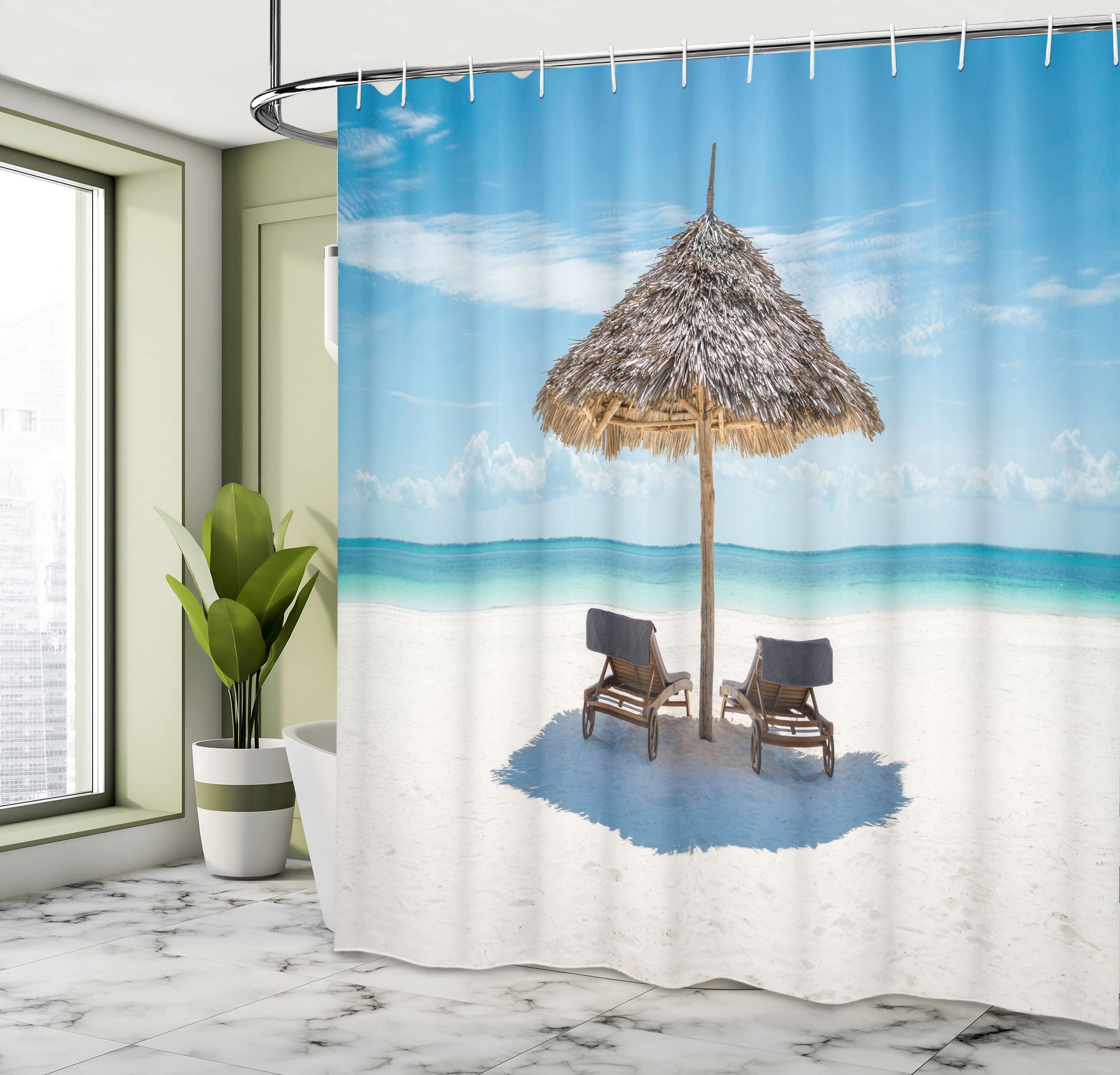 Ambesonne Seaside Shower Curtain, Wooden Sun Loungers Facing Eastern Ocean Under A Thatched Umbrella In Zanzibar, Cloth Fabric B