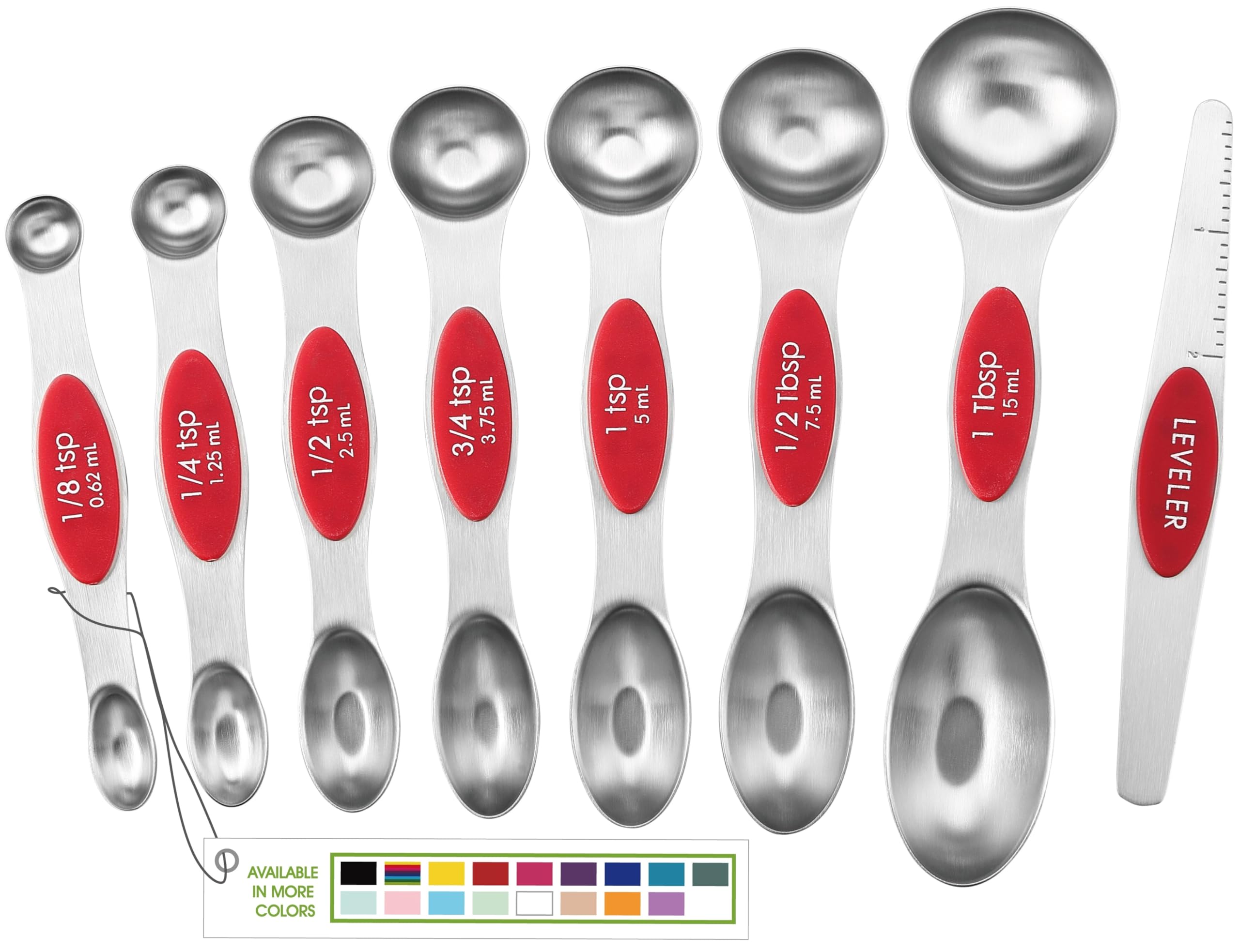 Spring Chef Magnetic Measuring Spoons Set, Dual Sided, Stainless Steel, Fits In Spice Jars, Red, Set Of 8