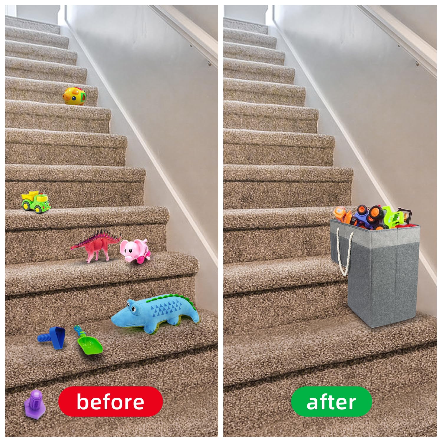 2 Pack Stair Basket For Stairs With Handle, Staircase Baskets For Carpeted And Wooden Stairs,16'' Step Storage Laundry Basket Fo