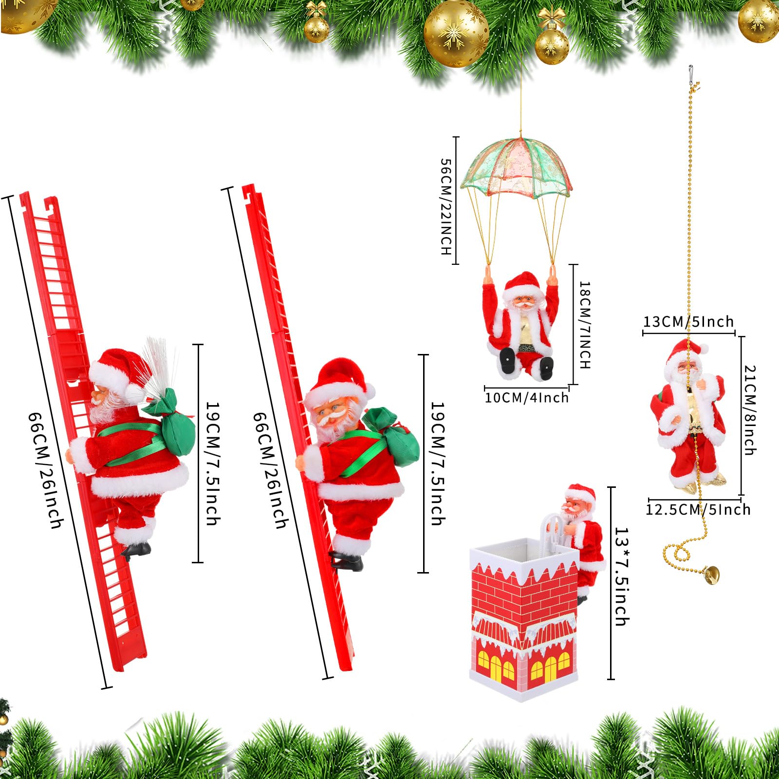 Poen 5 Pcs Electric Climbing Santa Decoration - Santa Claus Climbing Tree Rope Ladder Parachute Somersault Musical Hanging Ornam