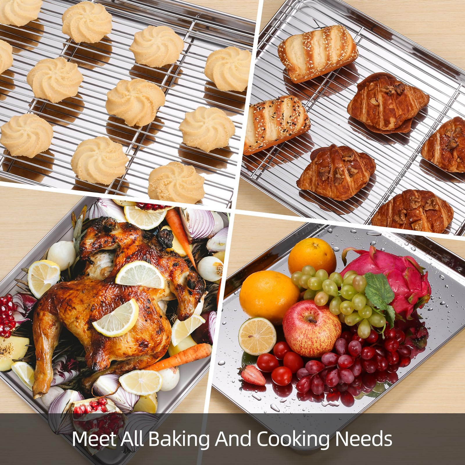Amrules Baking Sheet With Cooling Rack Set Of 6, 3 Premium Stainless Steel Cookie Sheets And 3 Wire Racks, Kitchen Nonstick Baki