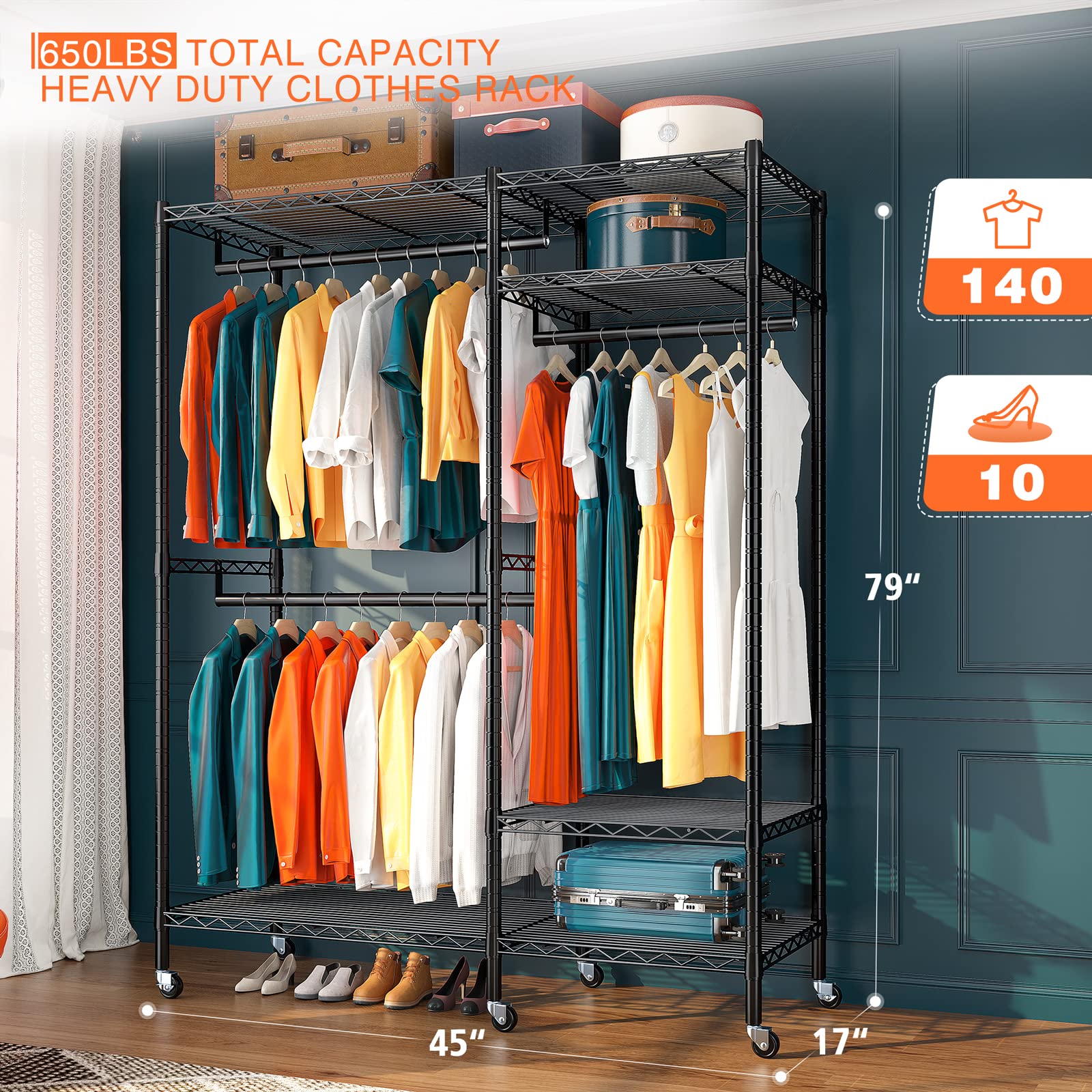 Raybee Heavy Duty 79" H Clothes Rack with Wheels - Portable Black Wardrobe Closet for Hanging Clothes, 45" Wx17" D