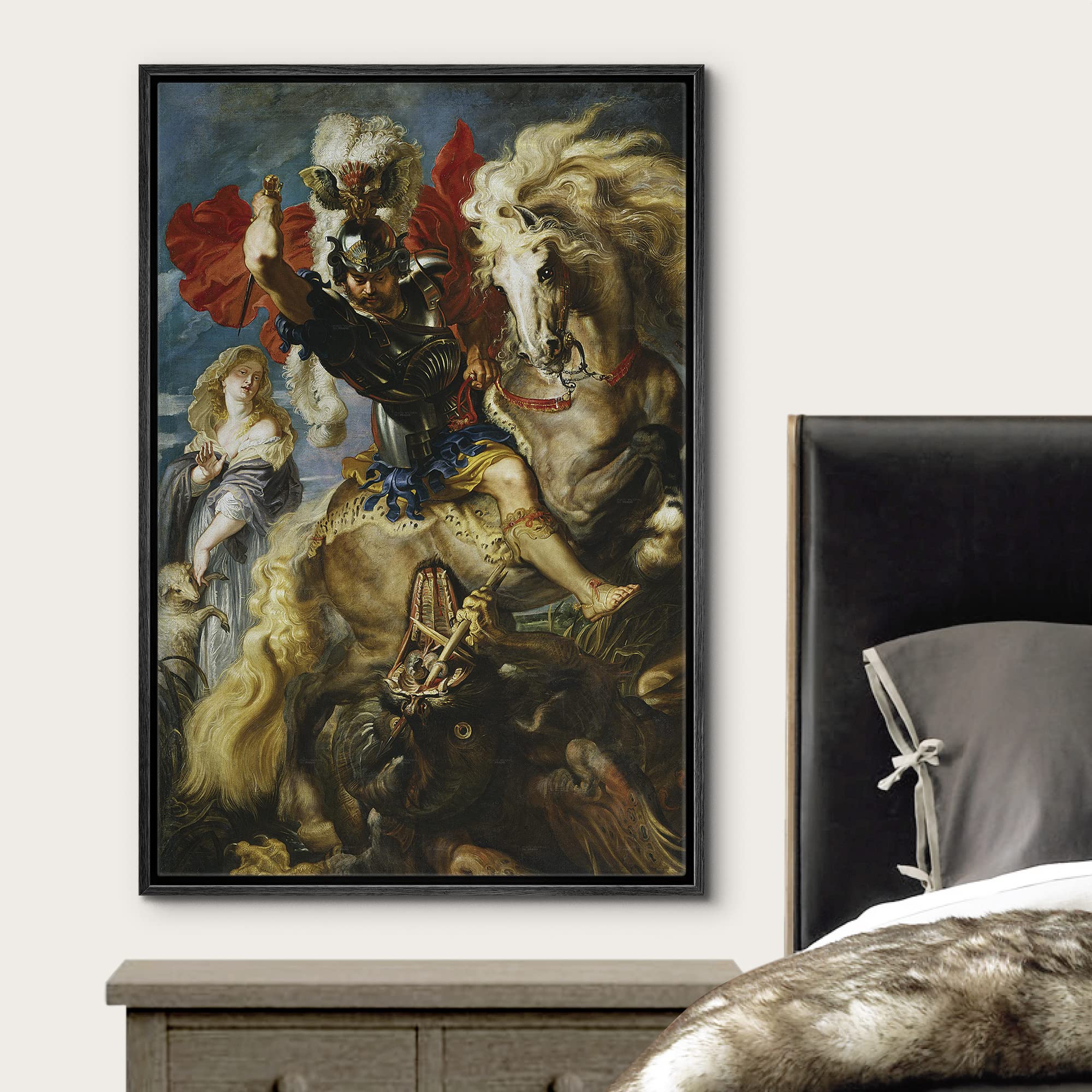Wall26 - Oil Painting Of St George Fighting The Dragon By Peter Paul Rubens In 1606-10 - Baroque Style - Saint, Catholic - Frame