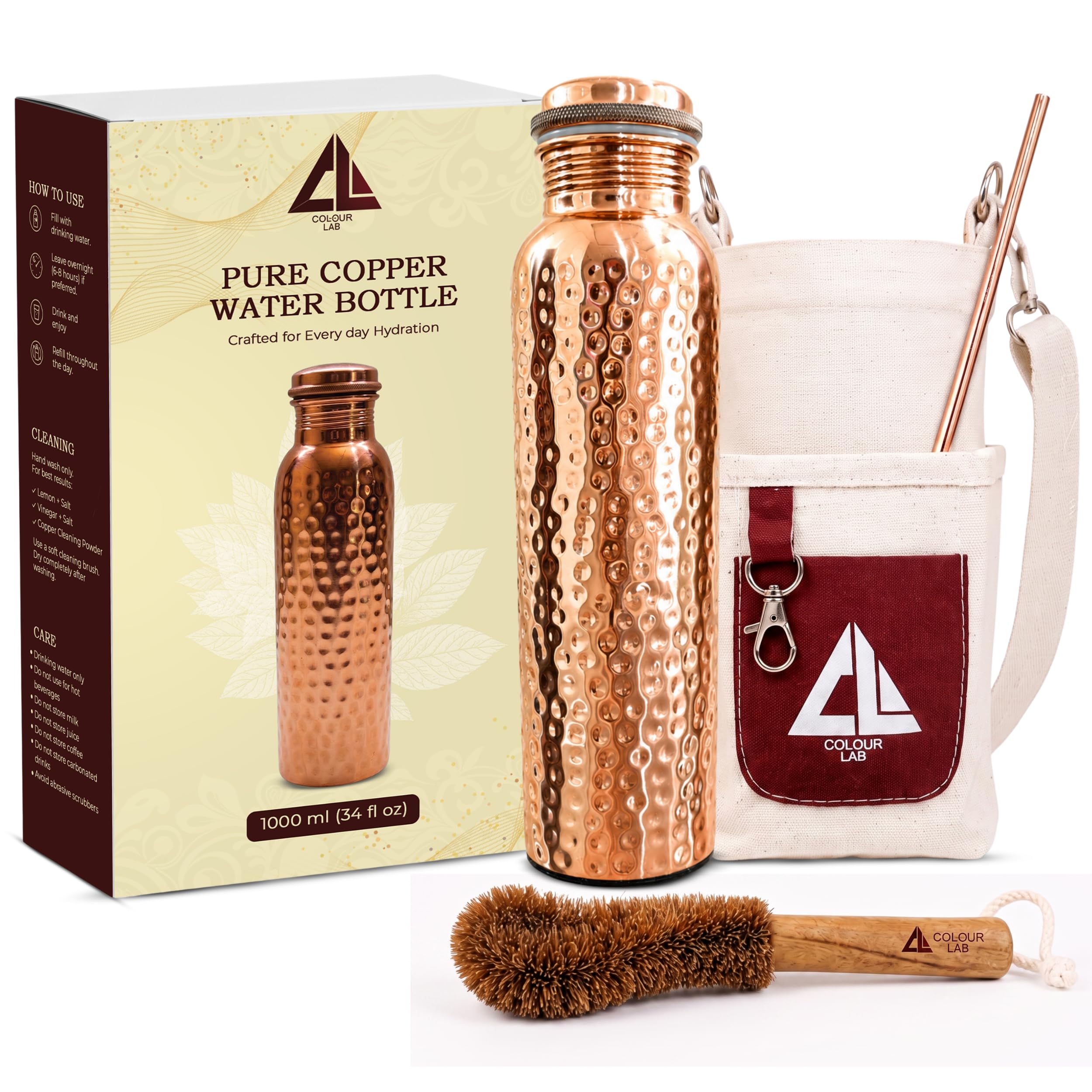 Colour Lab 100% Pure Hammered Copper Water Bottle for Drinking, 34 oz (1000 ml), Handcrafted Hammered Copper Bottle with ScrewT