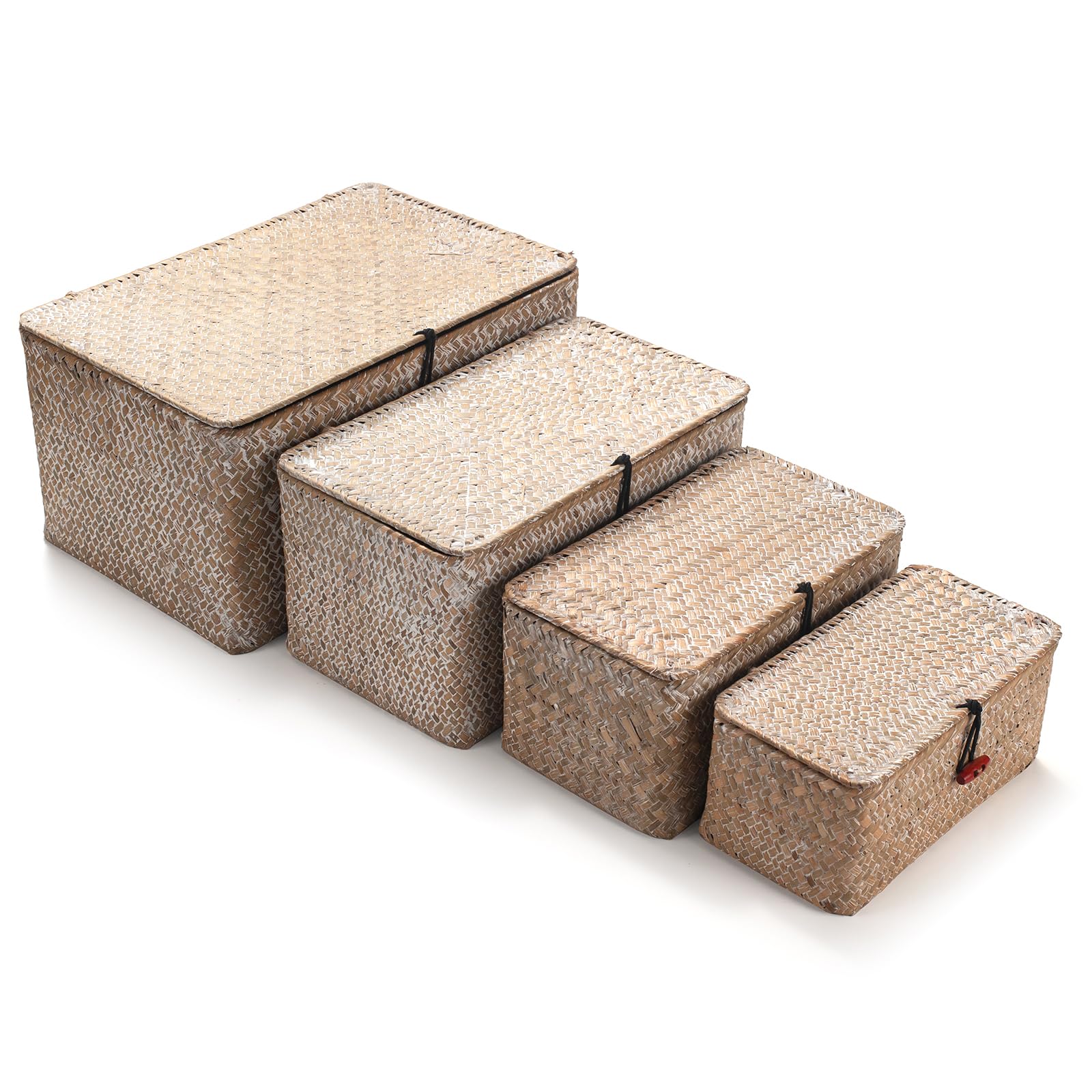 Yangqihome 4 Pack, Wicker Baskets With Lids, Nautral Seagrass Storage Baskets, Wicker Storage Baskets For Organizing, Rustic Rec