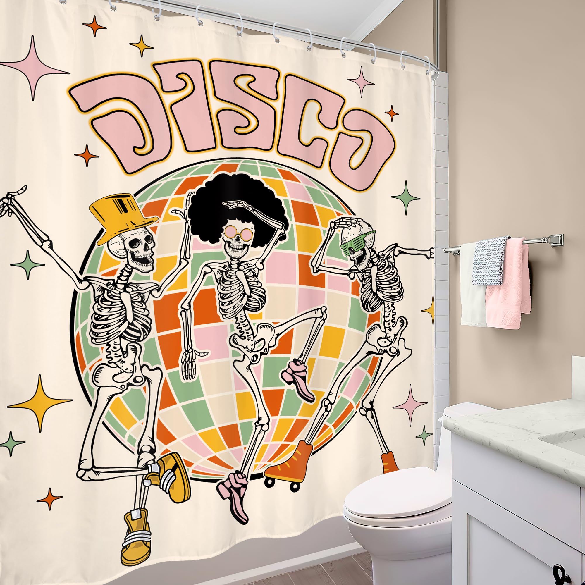 Mitpok Retro Skull Skeleton Shower Curtain, Funny Vintage Groovy Y2K 70S Disco Shower Curtain, Gothic Spooky Cool Unique Modern