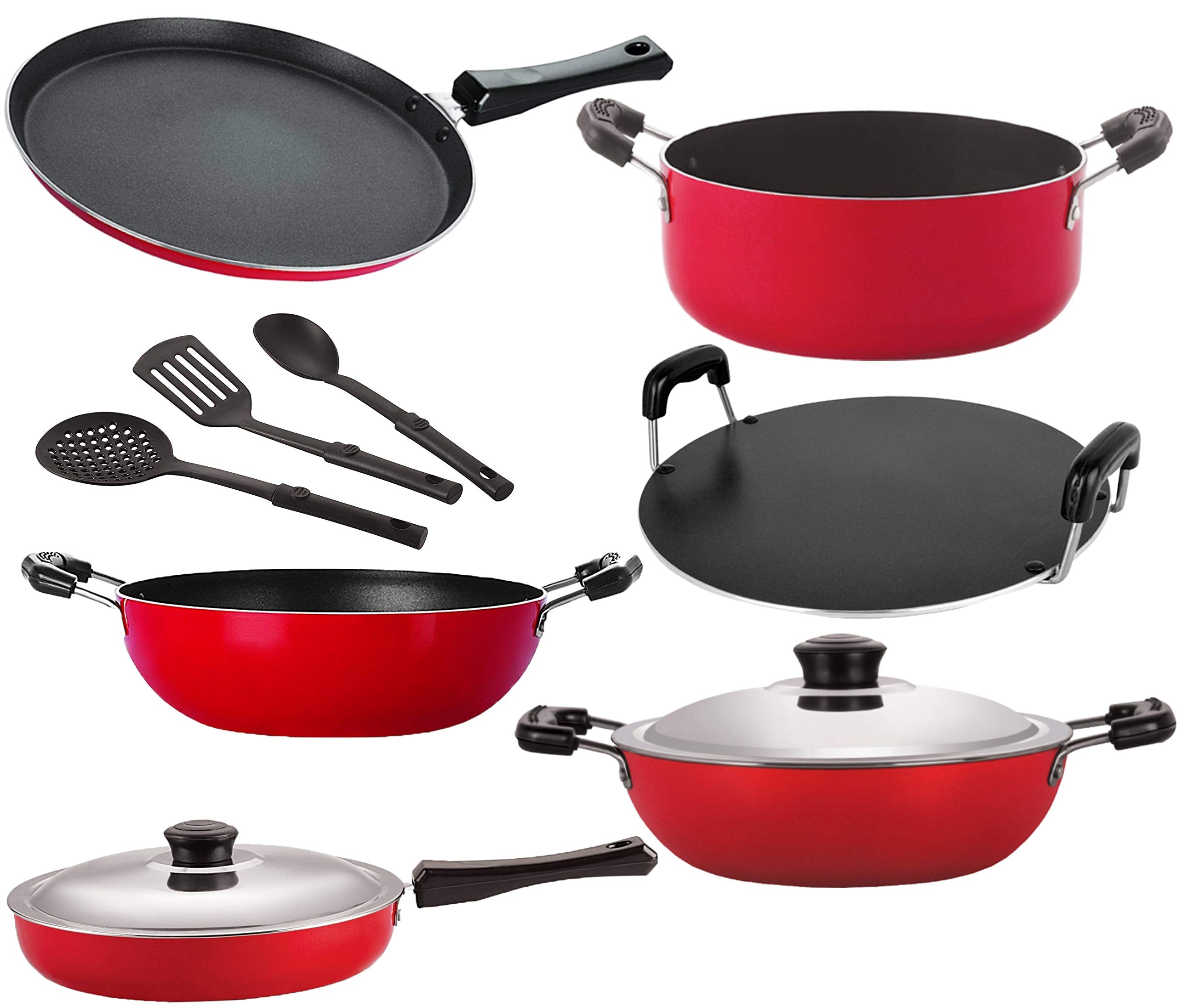 Nirlon Dishwsher Safe Non Stick Gift Cookware Set Of 9 Pieces { 26_Ft13_Kd14_Dkdm_Rt_Cass20_Fp12_3Spn }