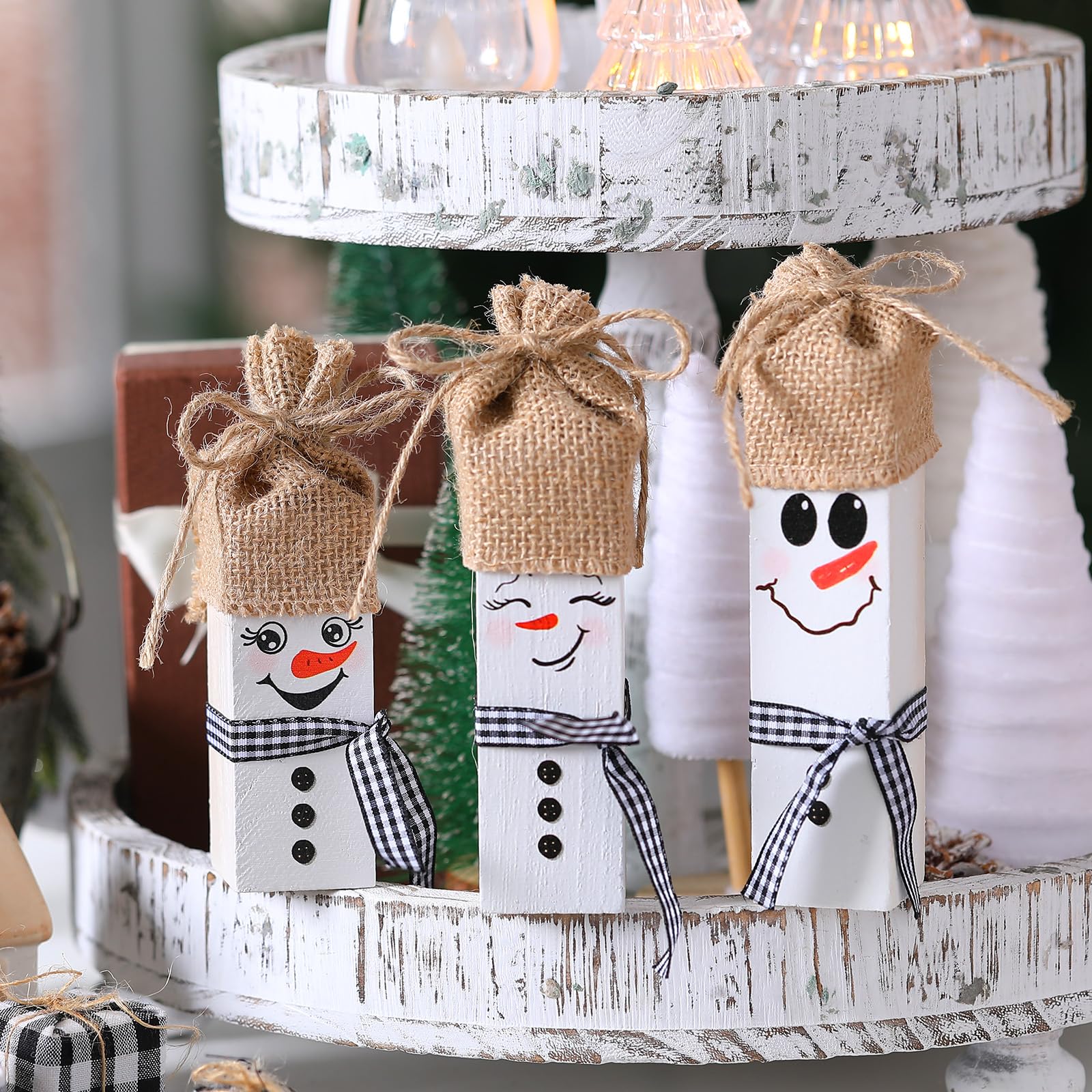 Yousoontic 3 Pcs Christmas Snowman Table Decorations Wooden Snowman Table Block Sign with Hat Plaid Winter Tiered Tray Decor Chr