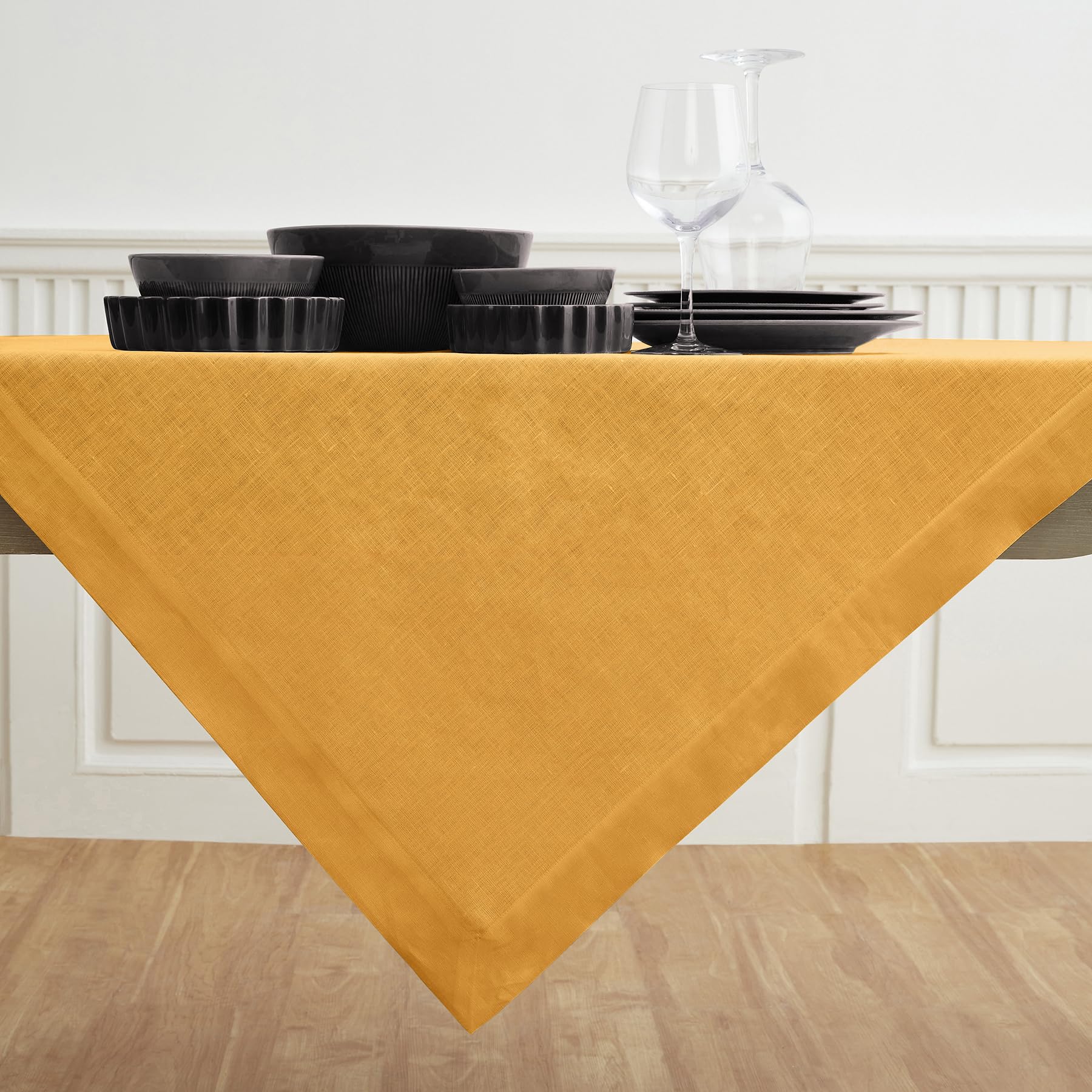 Solino Home Tangerine Yellow Linen Square Tablecloth 52 X 52 Inch - Fete, 100% Pure Linen Table Throw - Machine Washable Tablecl