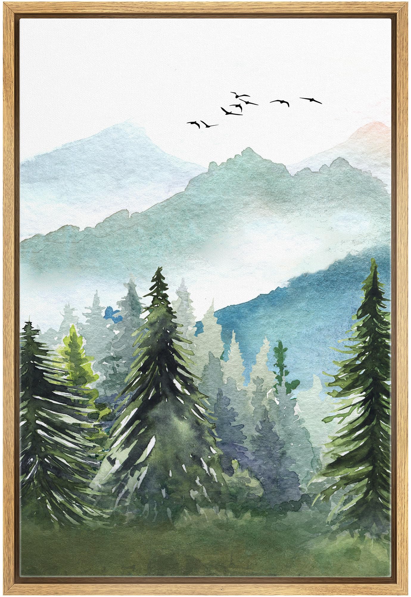 Signwin Framed Canvas Print Wall Art Watercolor Green Forest Tree Mountain Range Nature Landscape Prints Modern Art Woodland Nur