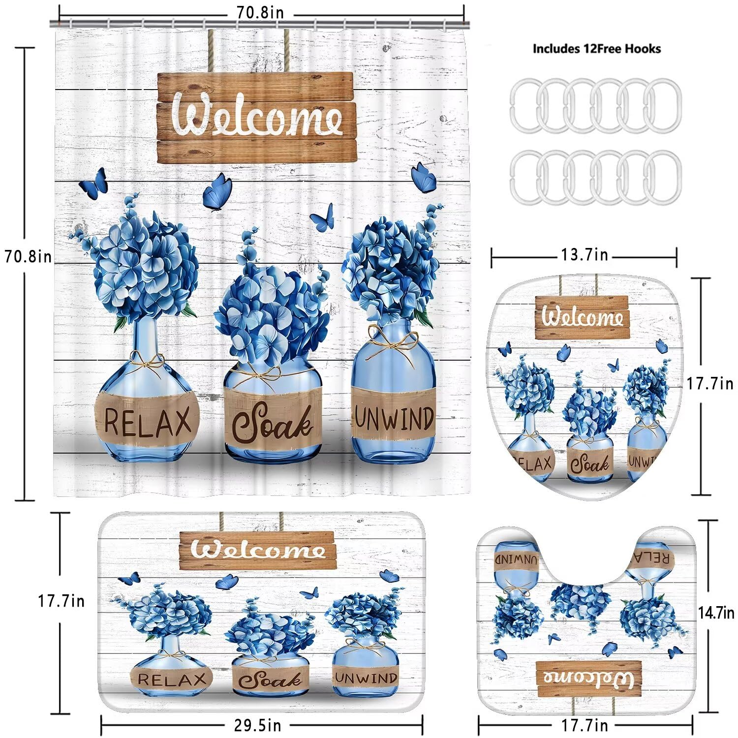 Azhm Blue Hydrangea Shower Curtain Sets For Bathroom 4 Pcs Welcome Bathroom Sets With Shower Curtains And Rugs And Accessories F