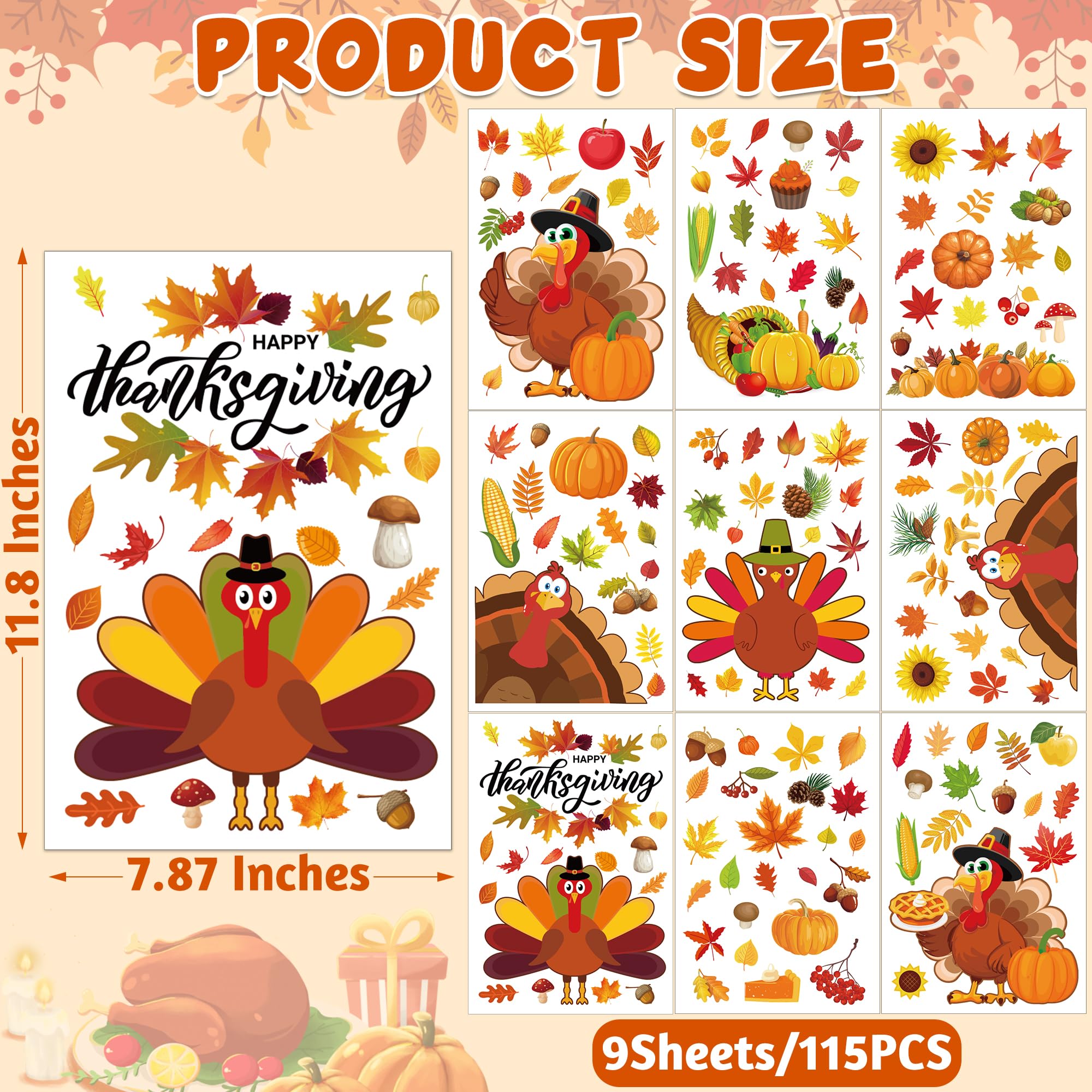9 Sheets Thanksgiving Window Clings, 115PCS Thanksgiving Decorations Window Stickers, Turkey Decal Stickers with Cute Cones Nuts