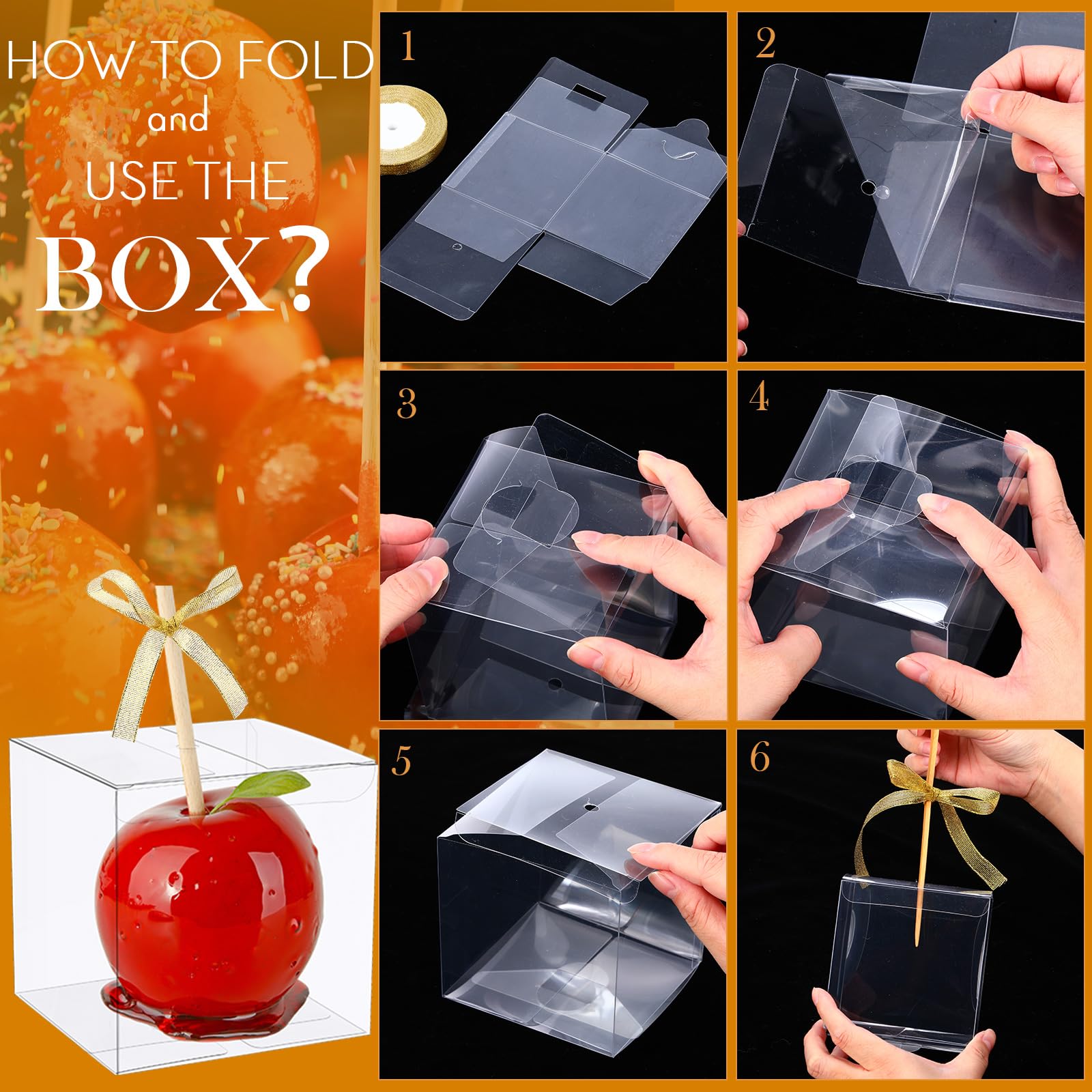 Wesiti 60 Sets 4''X 4''X 4'' Candy Apple Boxes For Treats Clear Candy Apple Boxes With Hole Transparent Cake Boxes With Bamboo P