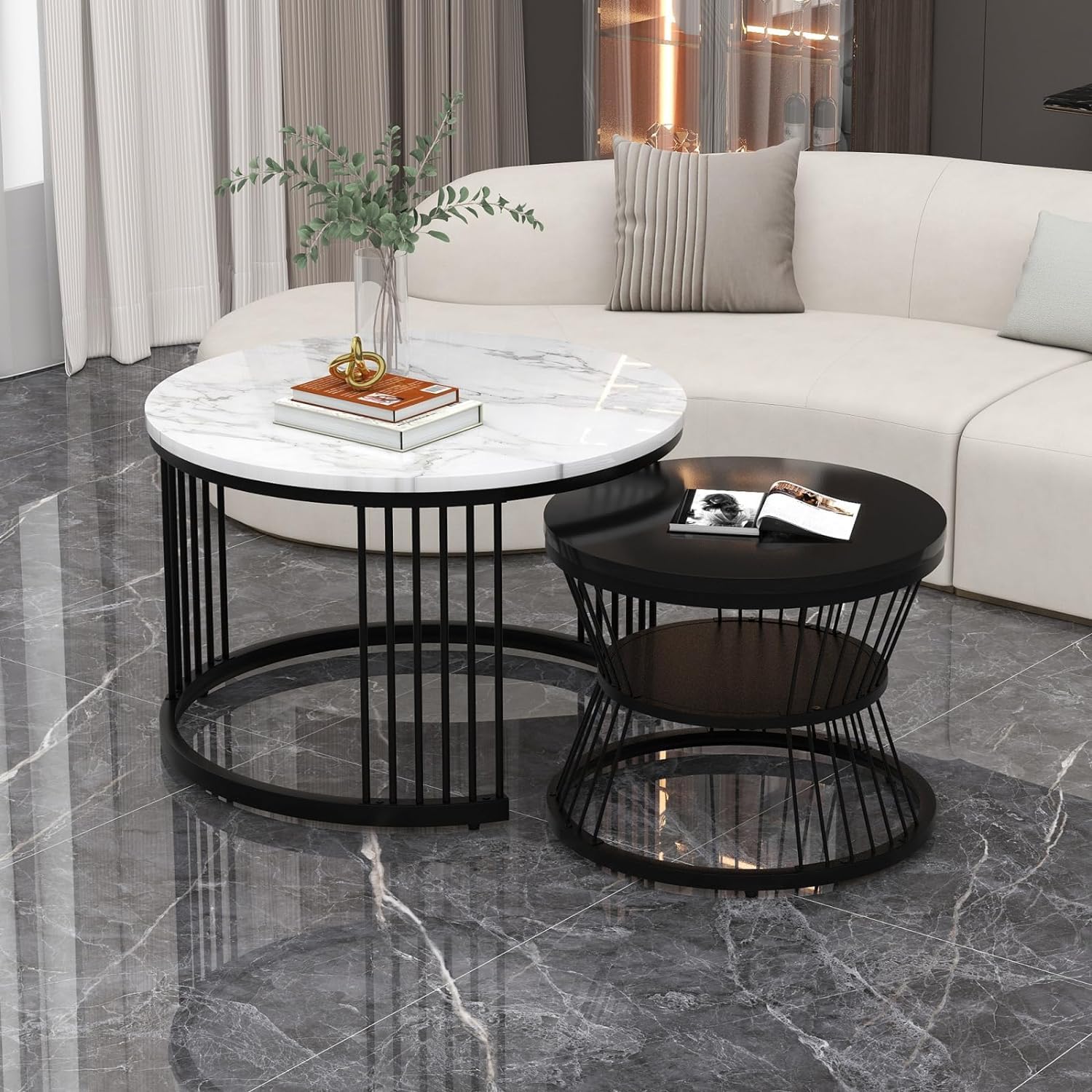 Nest Nature Haven Round Coffee Table, Modern Nestings Table Set Of 2, Sofa Side Table With Marble Veneer Top And Metal Frame, En