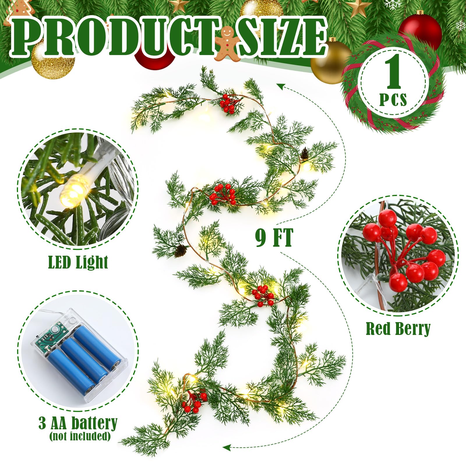 Spiareal 1 Pcs 9 ft Christmas Garland with Light Christmas Lighted Pine Garland Prelit Battery Operated Cedar Pine Cone Red Berr