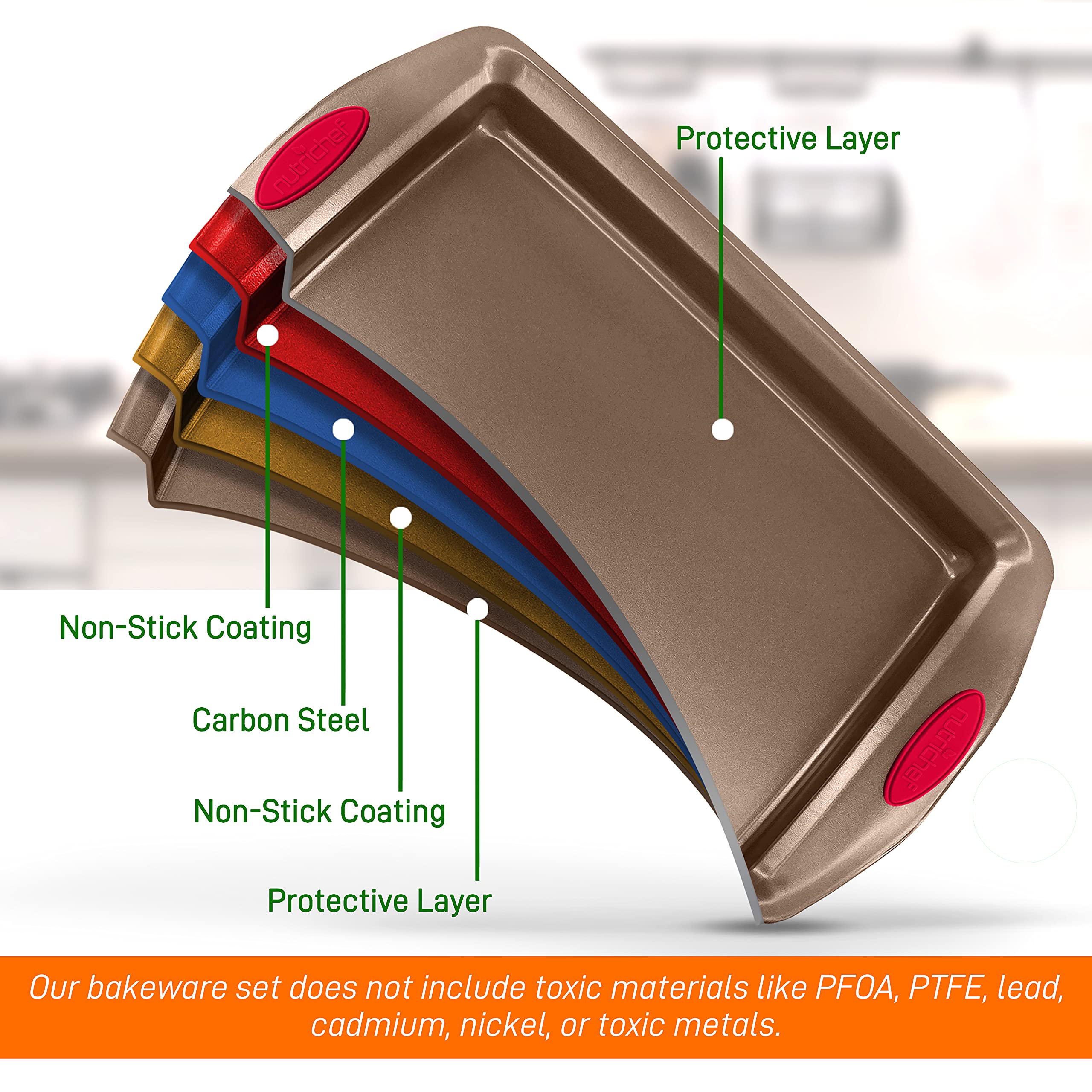 Nutrichef 2-Piece Baking Pan Set - Pfoa, Pfos, Ptfe Free Flexible Nonstick Golden Coating Carbon Steel Bakeware - Professional H
