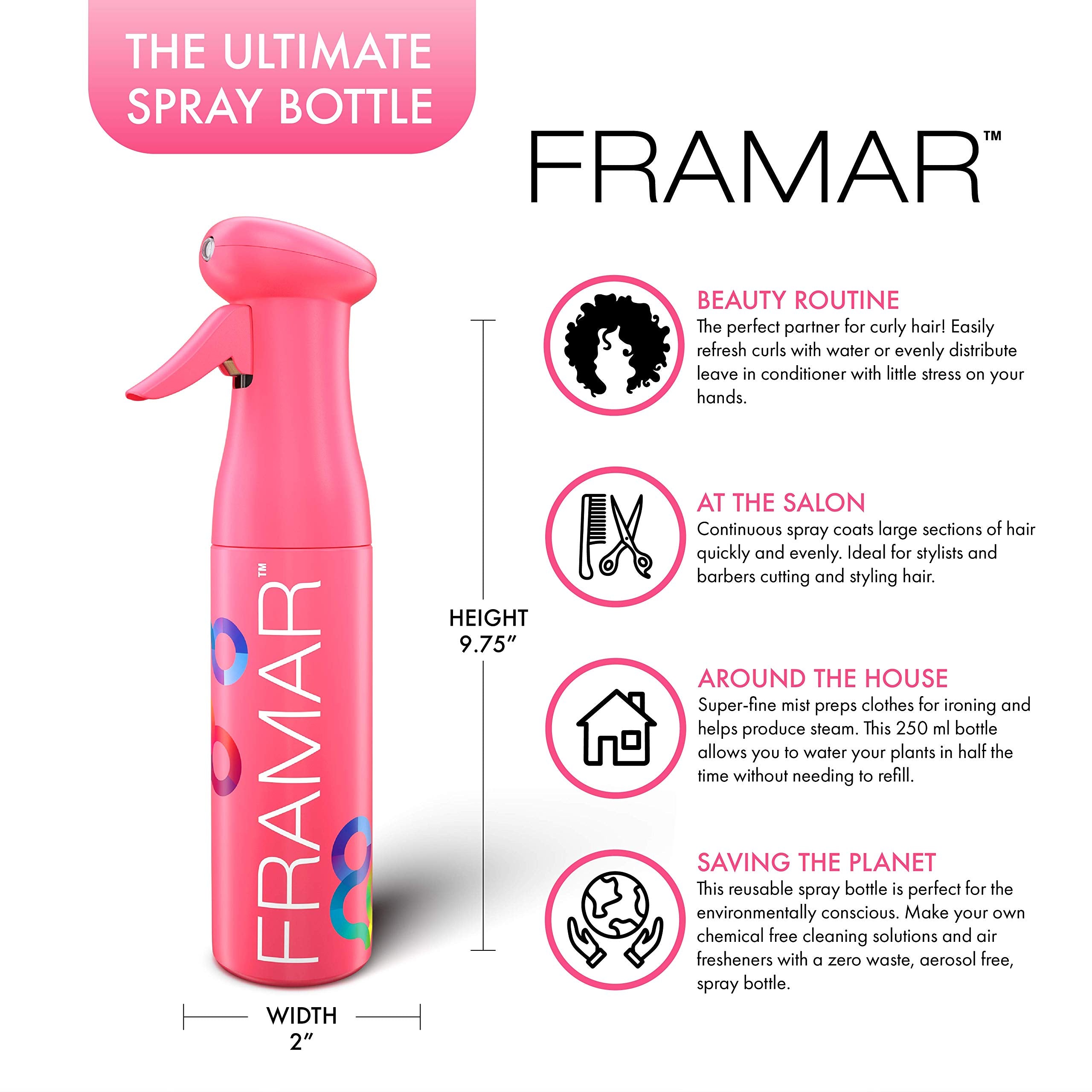Framar Pink Premium Hair Spray Bottle Continuous Mist, Water Spray Bottle For Face & Hair, Atomizer & Plant Mister Spray Bottle