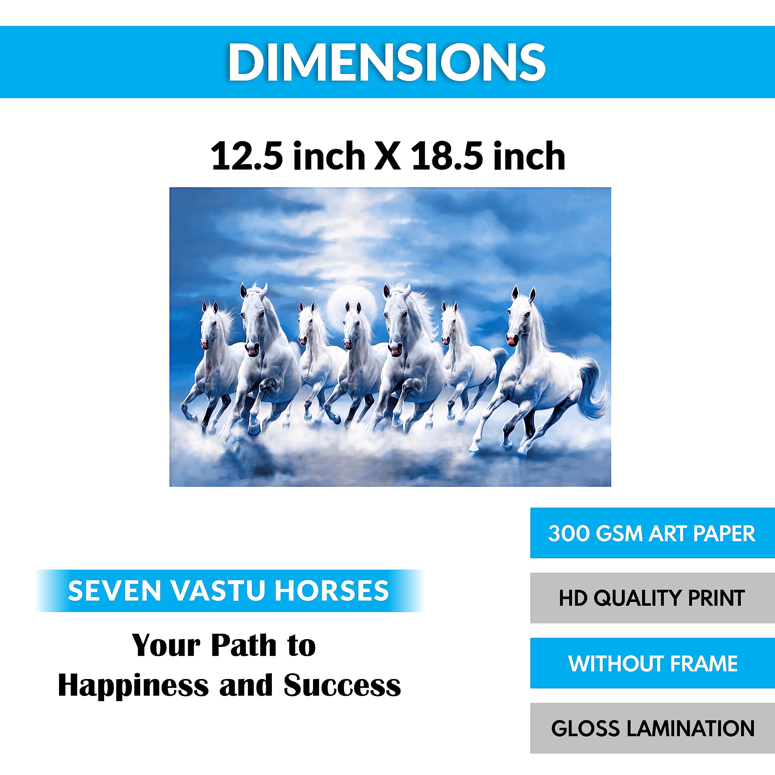 Clickedin Seven Lucky White Running Horses Painting with Blue Background According to Vastu Shastra Without frame Laminated High