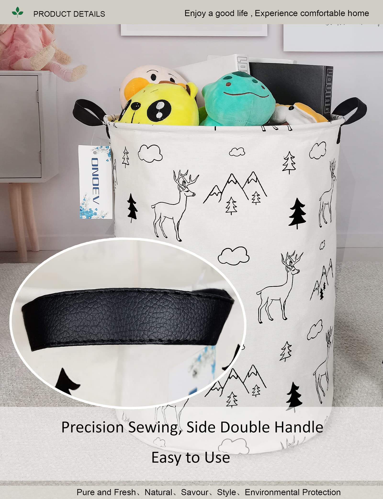 ONOEV Round Fabric Storage Bin Decorative Basket Organizer Basket with Handles for Clothes Storage books and sundries(Forest deer)  19.7inch(H) x 15.7inch(D)