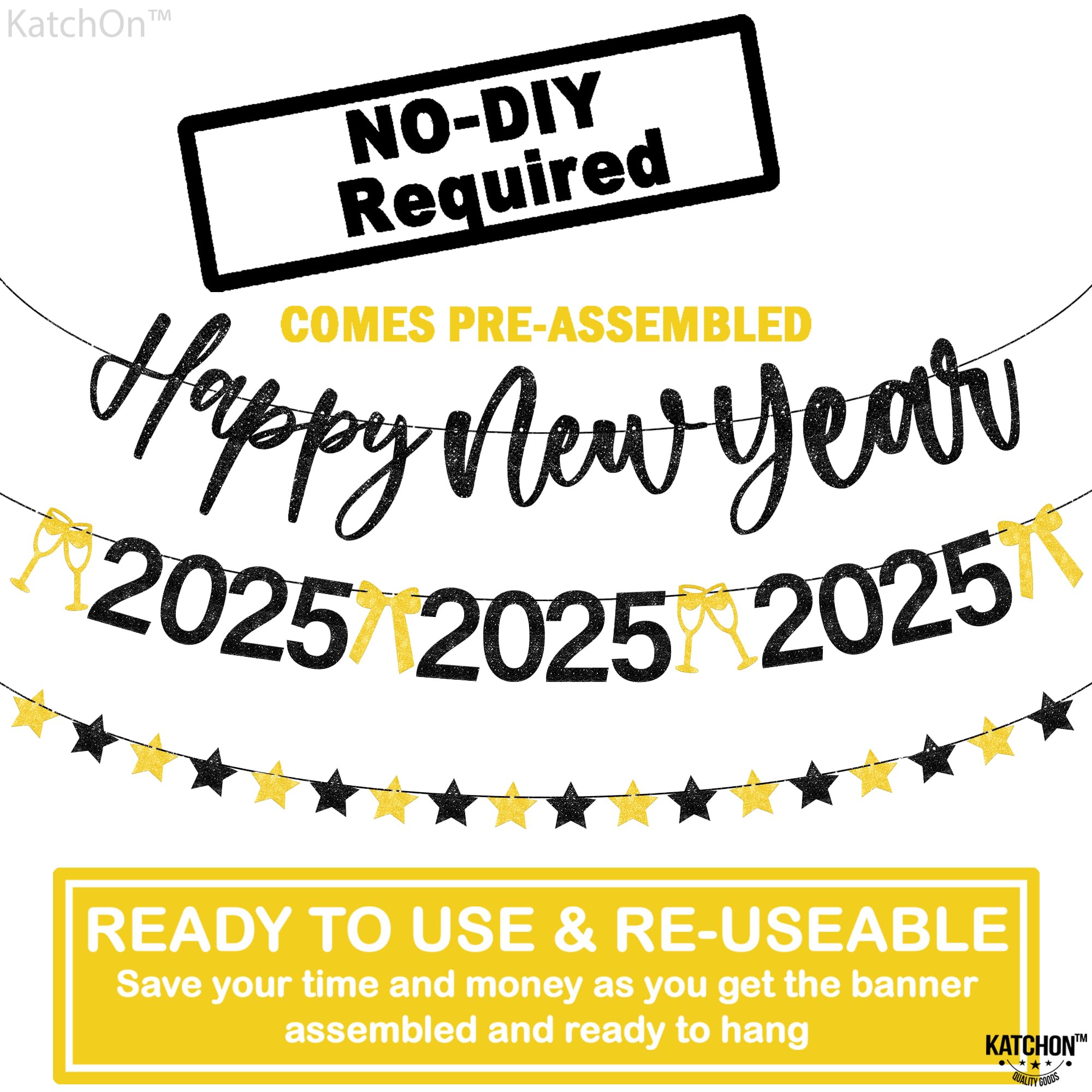 Katchon, Glitter Happy New Year Banner - 10 Feet, 3 Strings, No Diy | Black And Gold Happy New Years Banner 2025 | Happy New Yea
