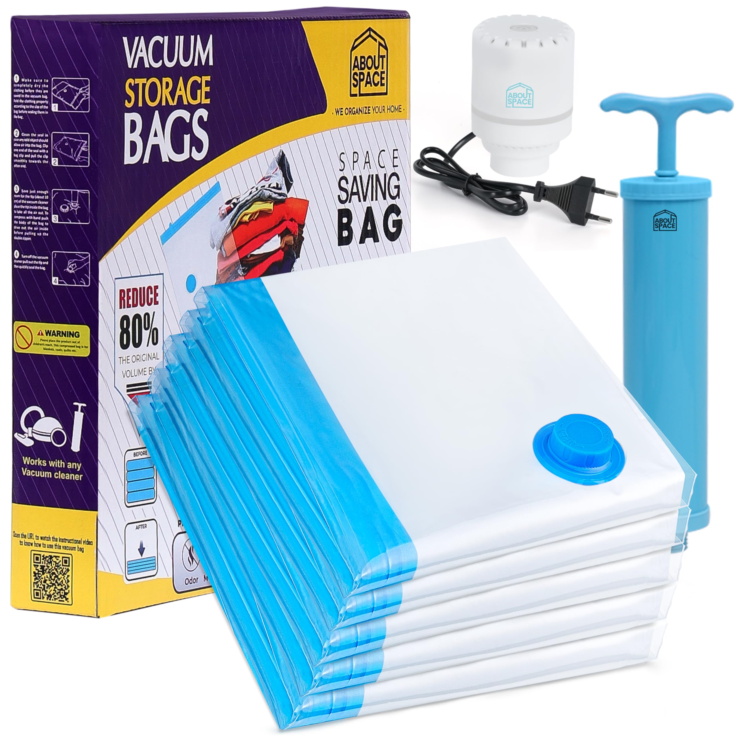 About Space Vacuum Compression Bags (5 Pack) With Hand & Electric Pump | Large Zip Seal Compression Storage Bag|HeavyDuty Airti