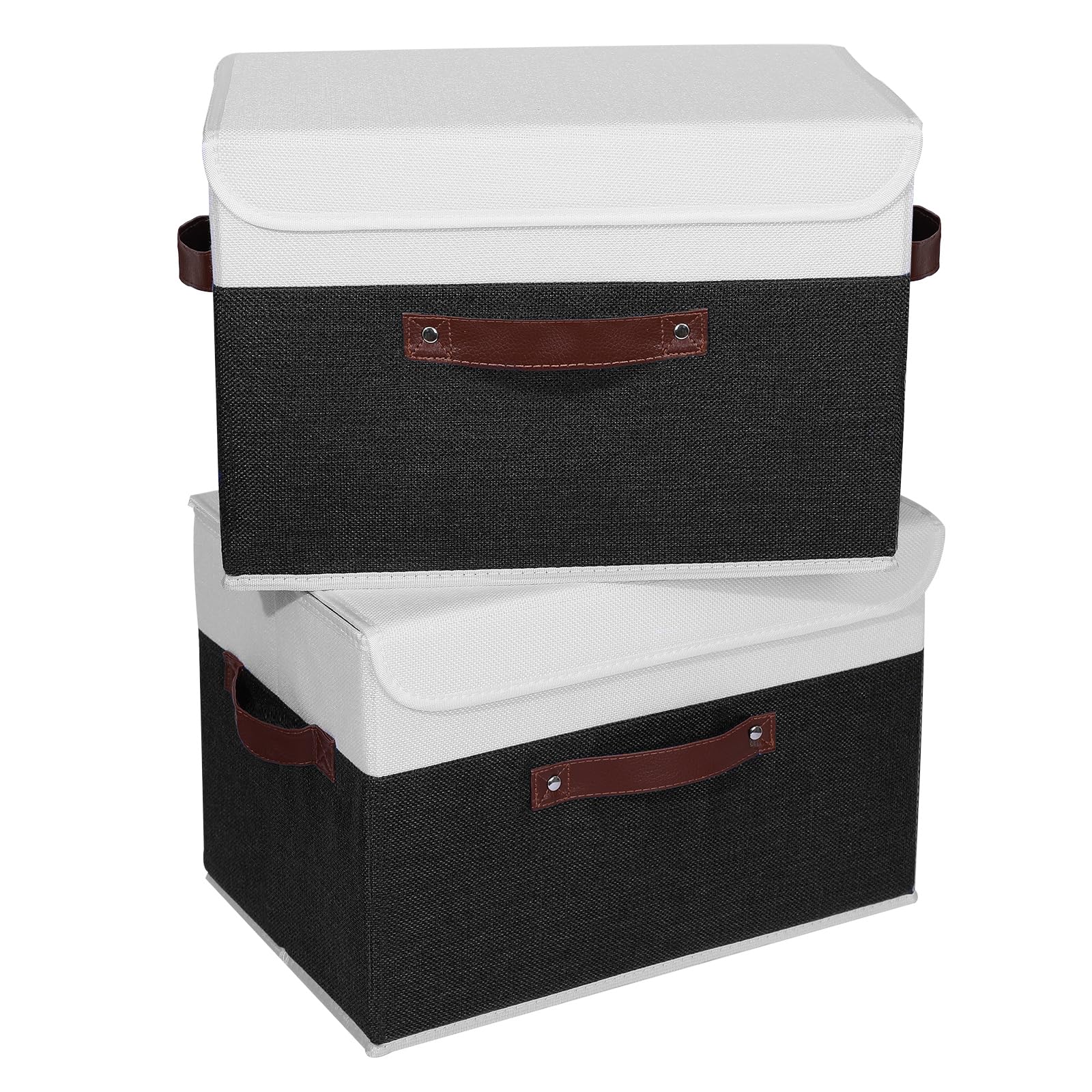 Anminy 2Pcs Storage Boxes With Lid Washable Decorative Storage Bins Basket With Pu Leather Handle Foldable Linen Fabric Storage