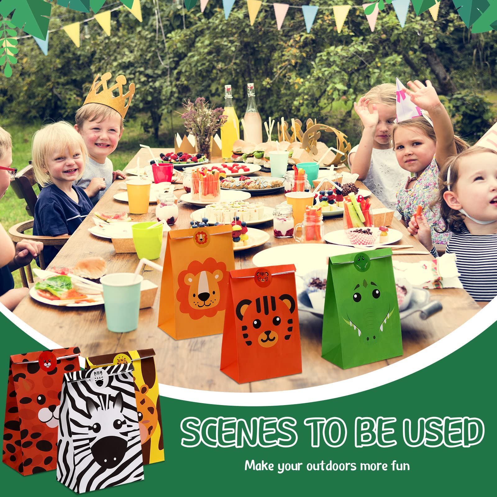 Nezyo 24 Pack Jungle Safari Party Favor Gift Bags  Safari Goodies Bags Animal Gift Bags for Boys Girls Kids Birthday Jungle Candy 8.66 x 5.12 x 3.15 inches
