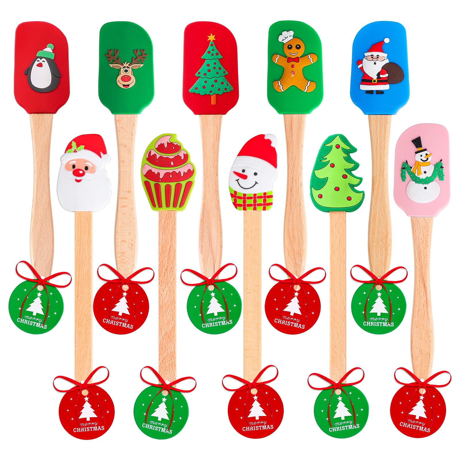 Whaline 10Pcs Christmas Silicone Spatula Xmas Tree Santa Spatula with Wooden Handle Snowman Dish Pan Scraper Cute Pancake Spatul