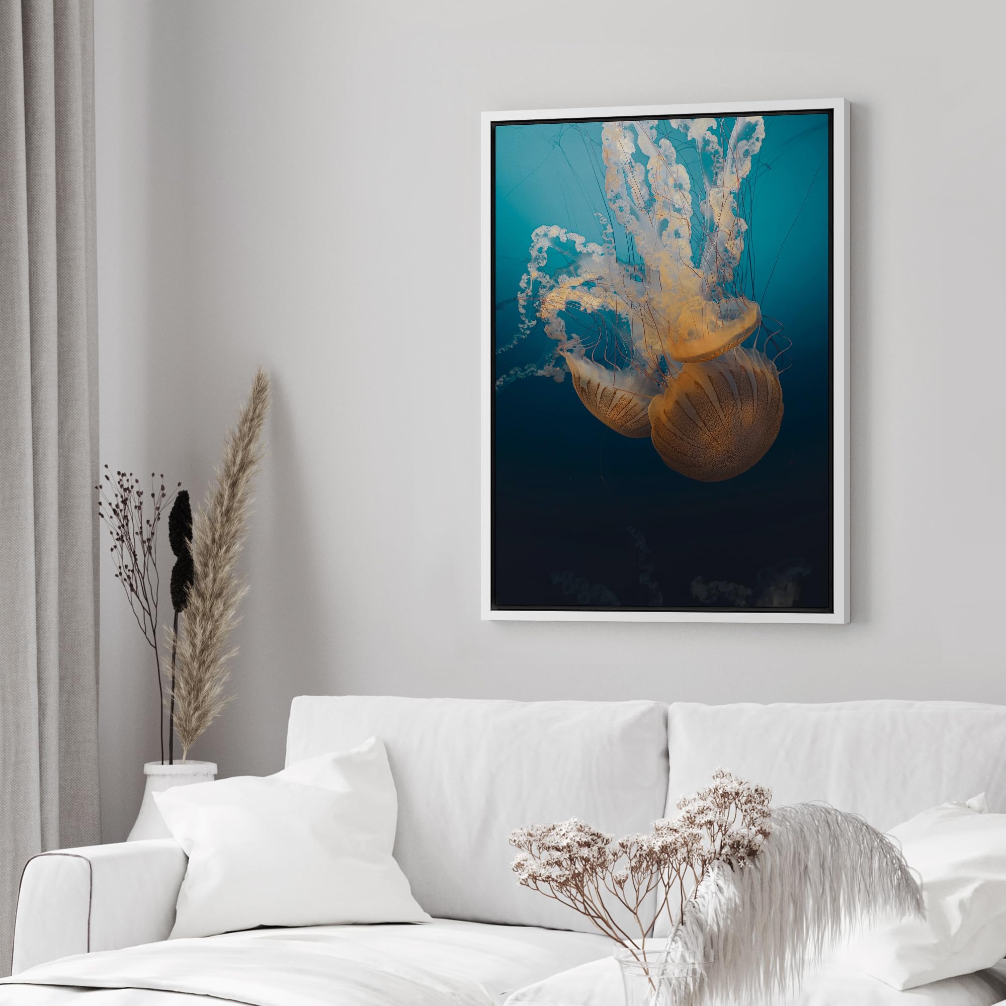 Wall26 Framed Canvas Print Wall Art Jellyfish Floating In Deep Blue Ocean Animals Photography Realism Rustic Scenic Landscape Wi