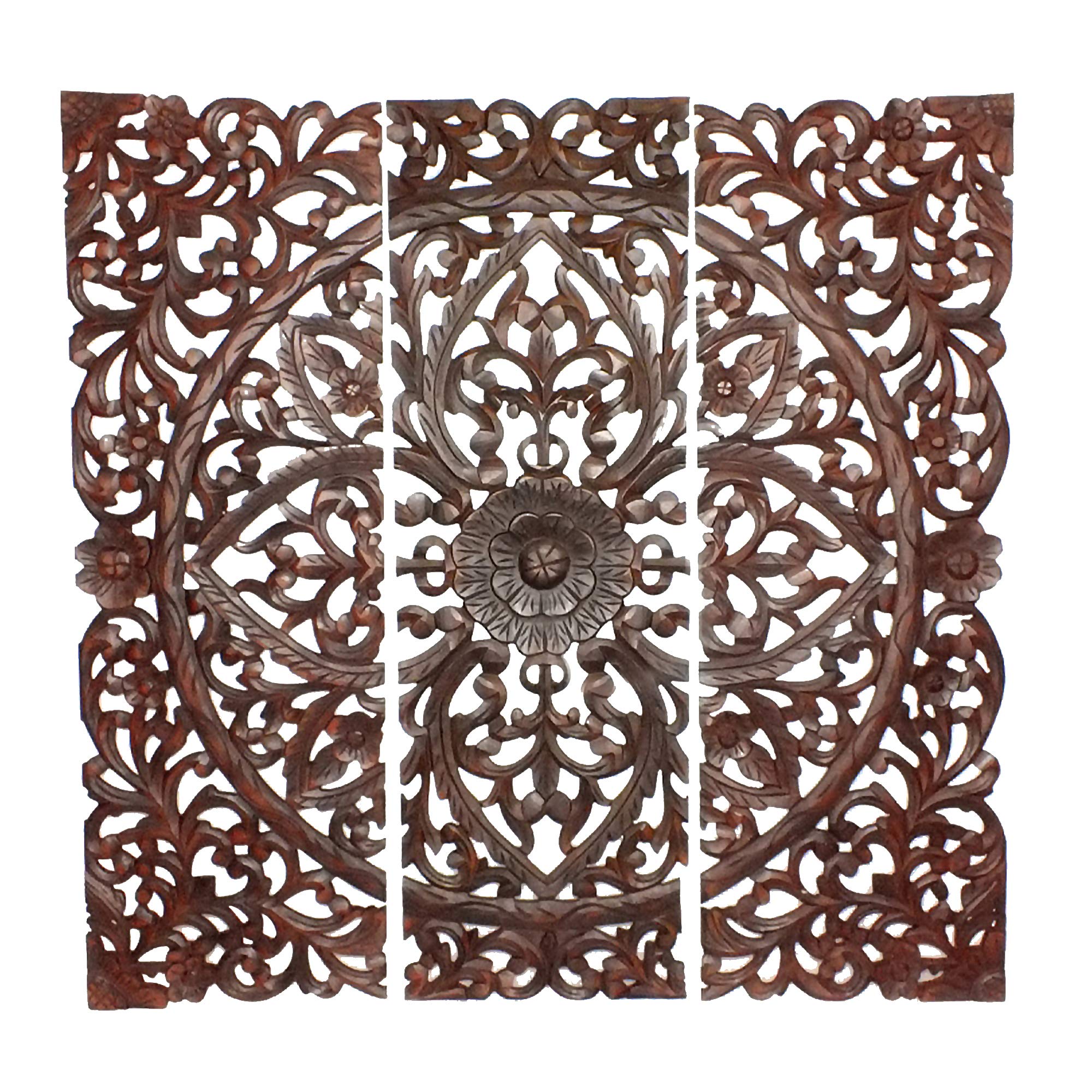 Benzara Three Piece Wooden Wall Panel Set with Traditional Scrollwork and Floral Details, Dark Brown