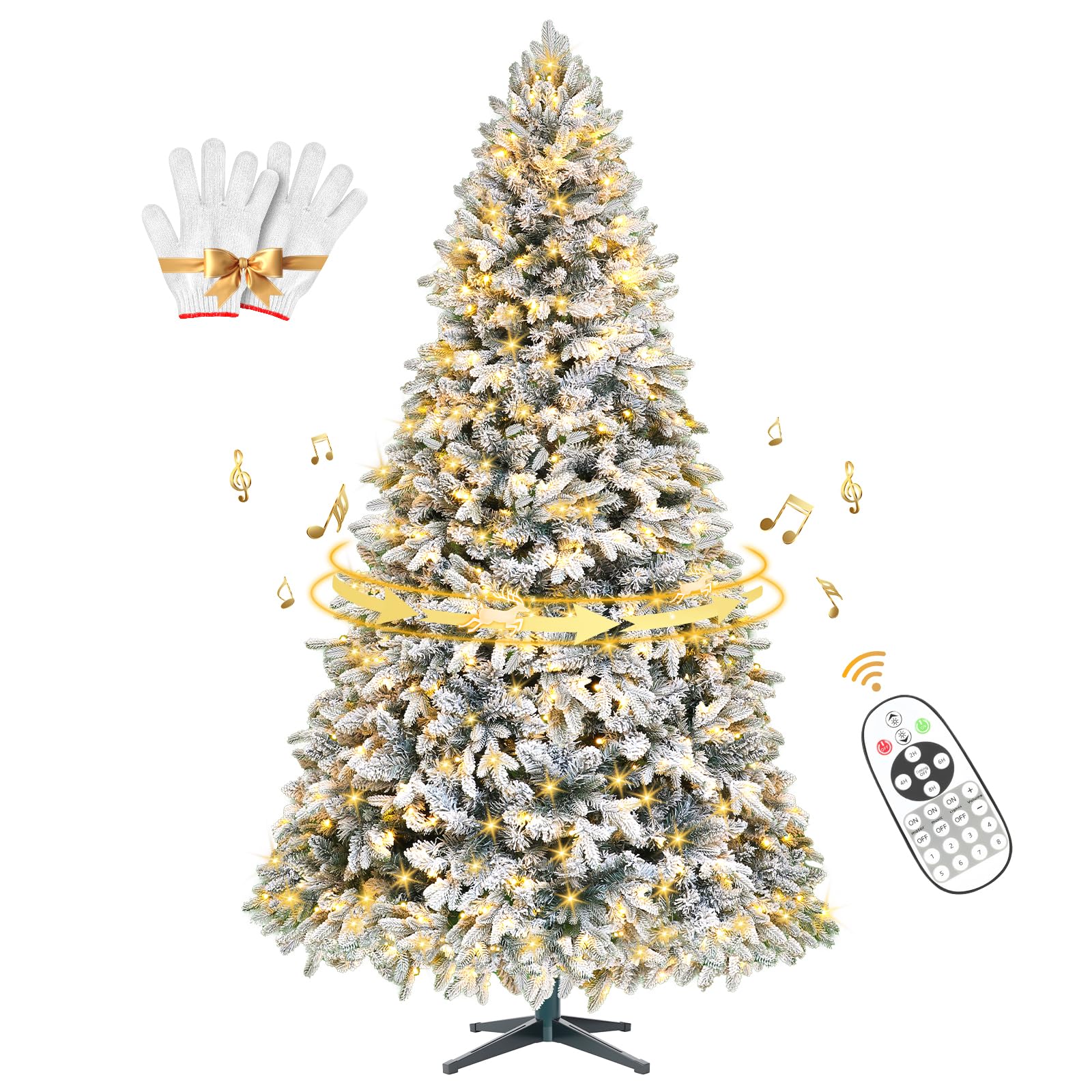 TKLINS 6.5ft Pre-Lit Snow Flocked Rotating Christmas Tree with 340 Multi-Color LED Lights, 1036 PE & PVC Tips - Realistic Artifi