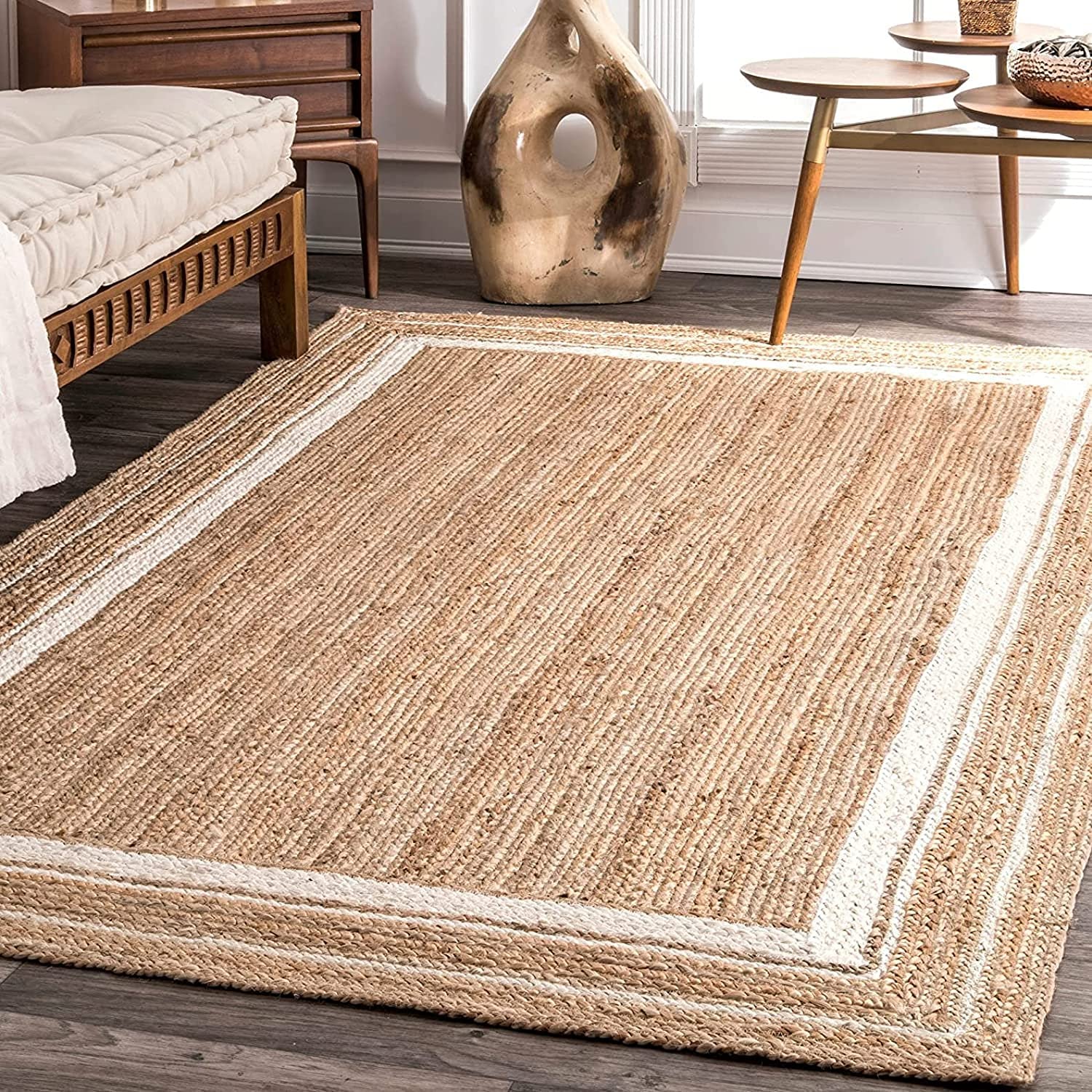 Imsid Handwoven 5X8 Feet Jute Square Rug, Natural Fibers, Braided Reversible Carpet For Stylish Bedroom Living Room Dining Room 