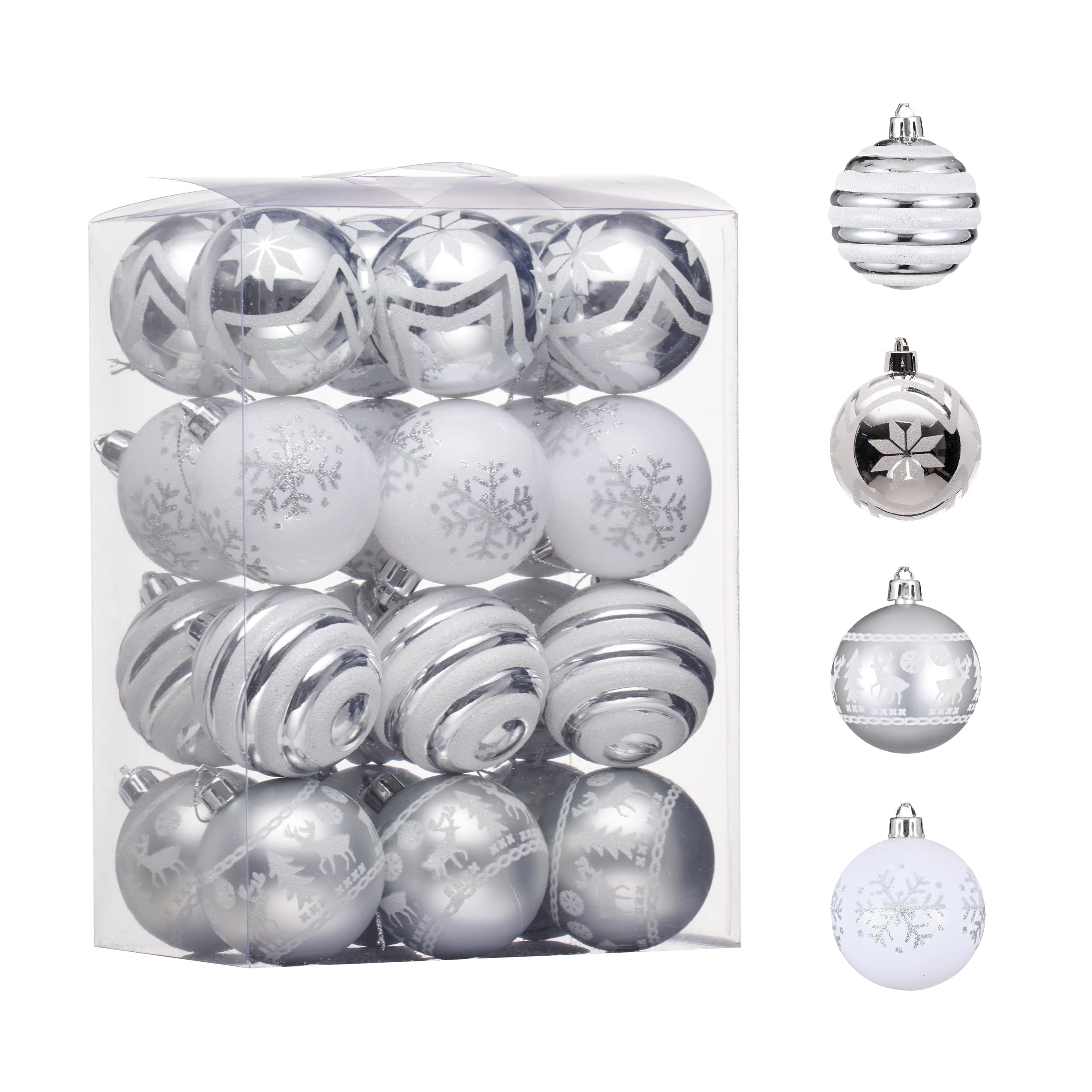 Valery Madelyn Christmas Ornaments Tree Decorations, 24ct White and Silver Shatterproof Christmas Ball Ornaments Set, 2.36 Inch 