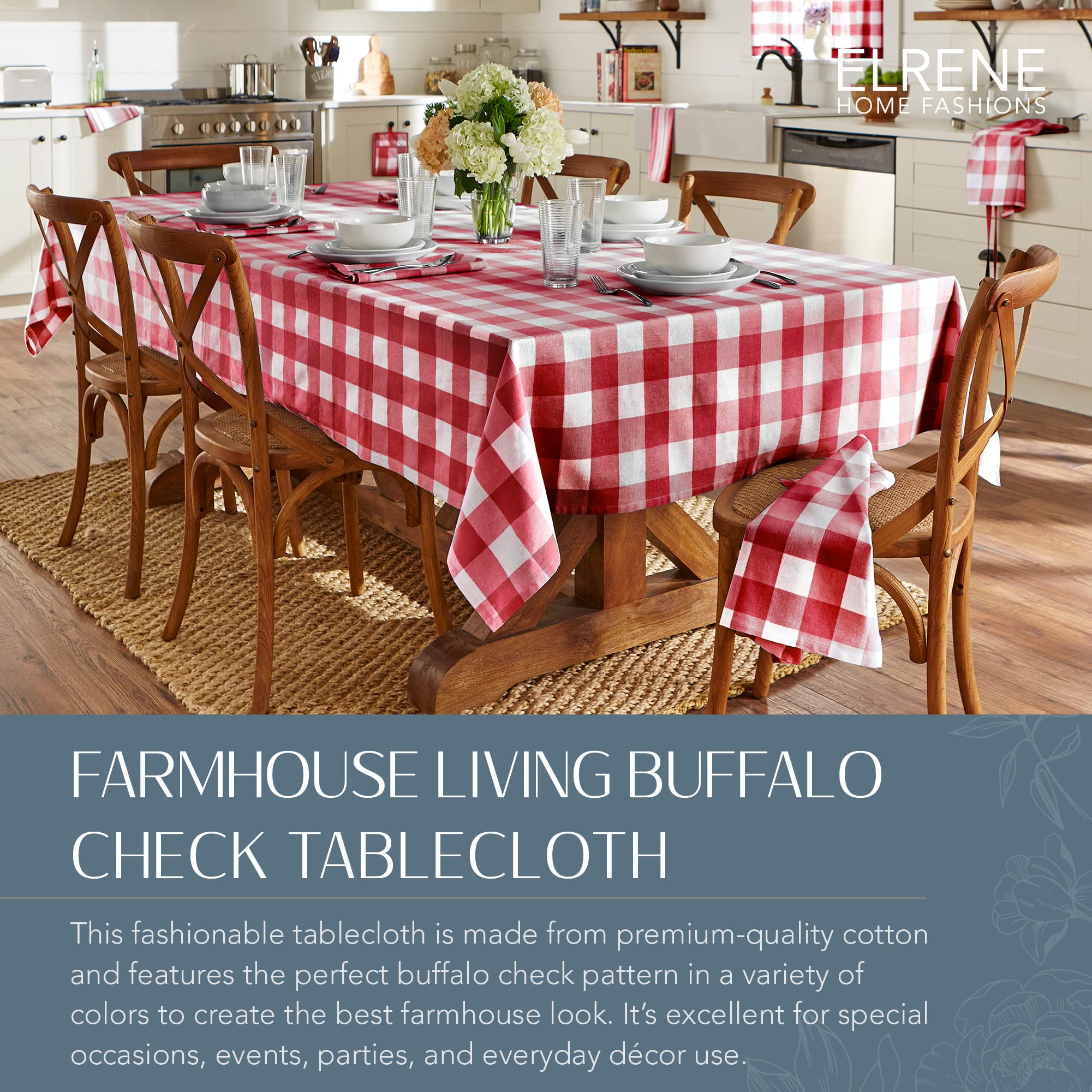 Elrene Home Fashions Farmhouse Living Buffalo Check Tablecloth, 60'' X 120'', Red/White