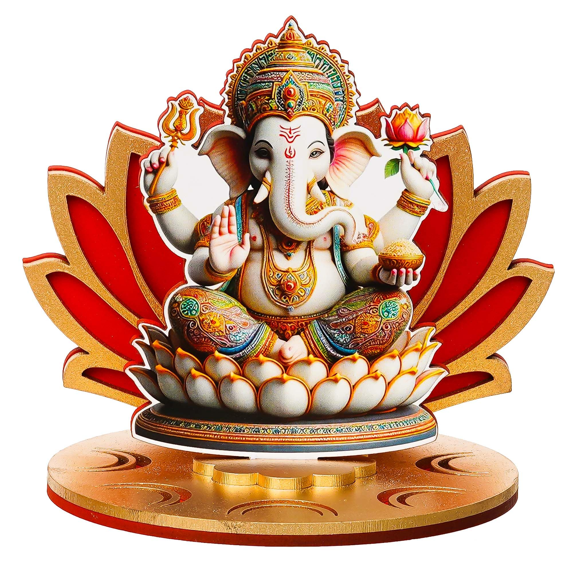 Ecraftindia Mdf Wooden Lord Ganesha Sitting On Lotus Flower Decorative Showpiece For Diwali, Lakshmi Puja, Ganesh Chaturthi Fest