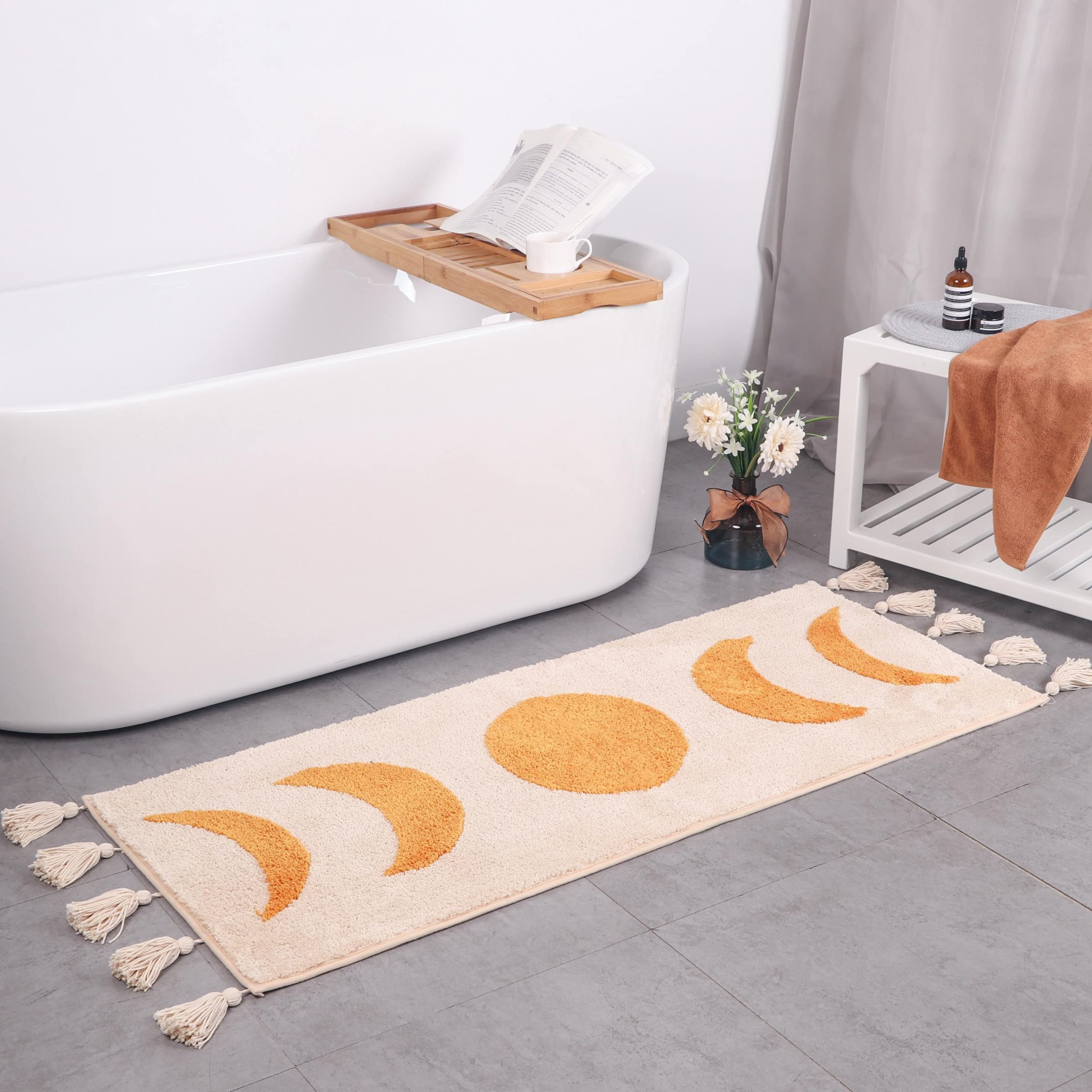 LABEND HOME Half Moon Bohemian Area Rugs, Moon Phases Bath Mat with Tassels for Bathroom, Bedroom, College, Dorm, Boho Room D  c