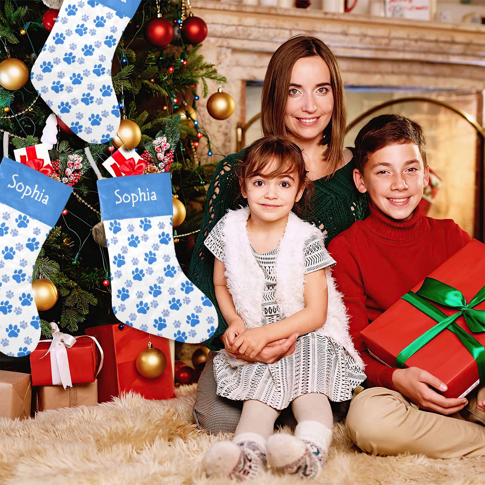 Personalized Name Dog Paw Print Blue Christmas Stockings Text Custom Xmas Holiday Pup Dog Gift Decor 17.52 x 7.87 Inch