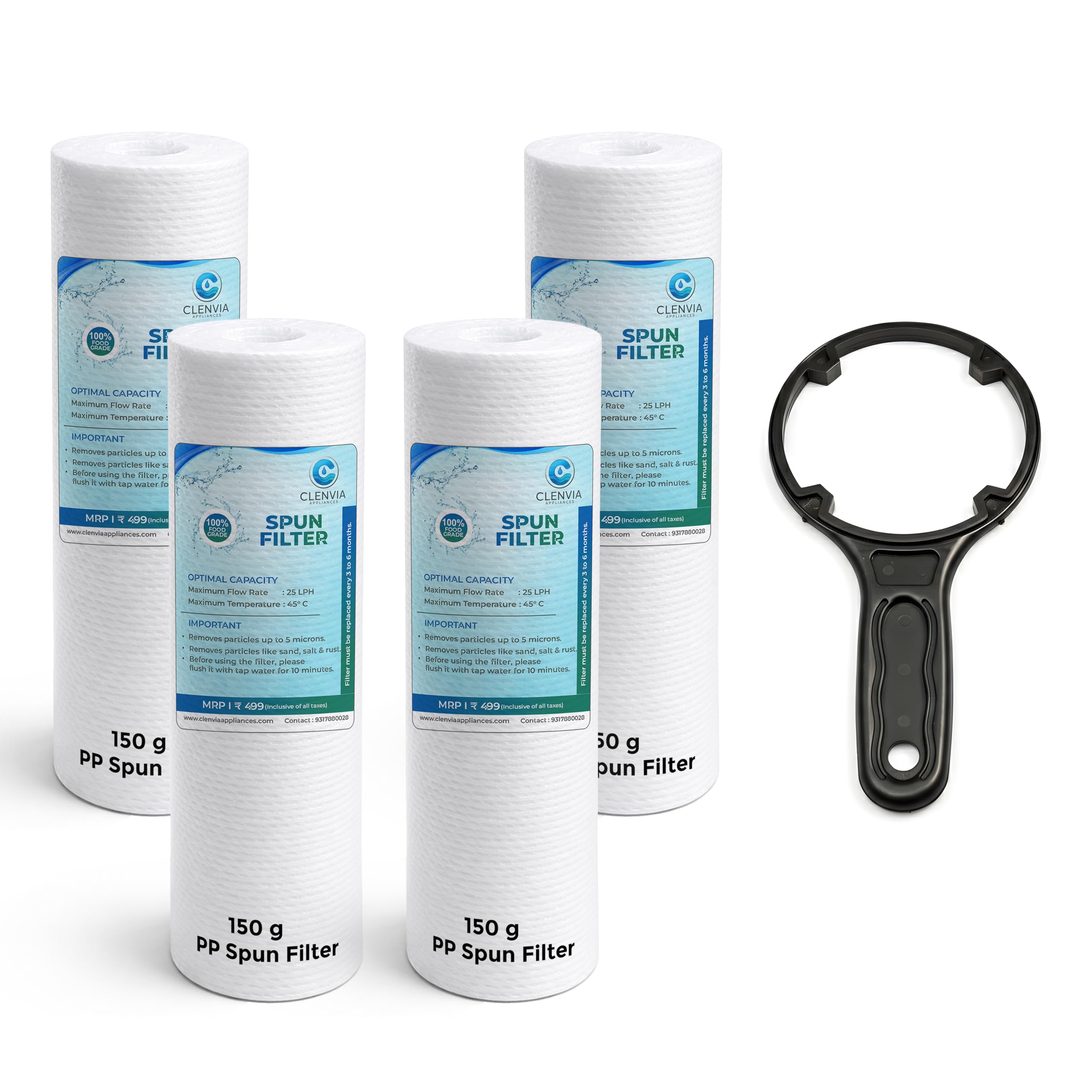 Clenvia 10 Inch 5 Micron Pp Spun Filter For Water Purifier  4 Pack + PreFilter Key (Spanner) | 150G HighDensity | FoodGrade 