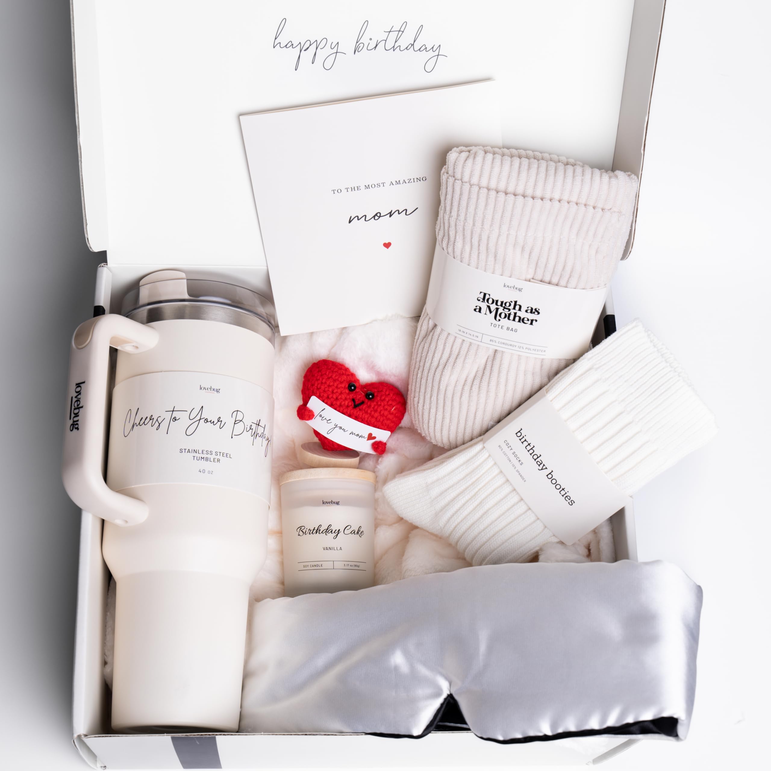 lovebug Mom Birthday Gifts - Thoughtful Gift Box for Mom with Blanket, Candle, Tumbler, Socks, Self Care Items - Get Well Soon C